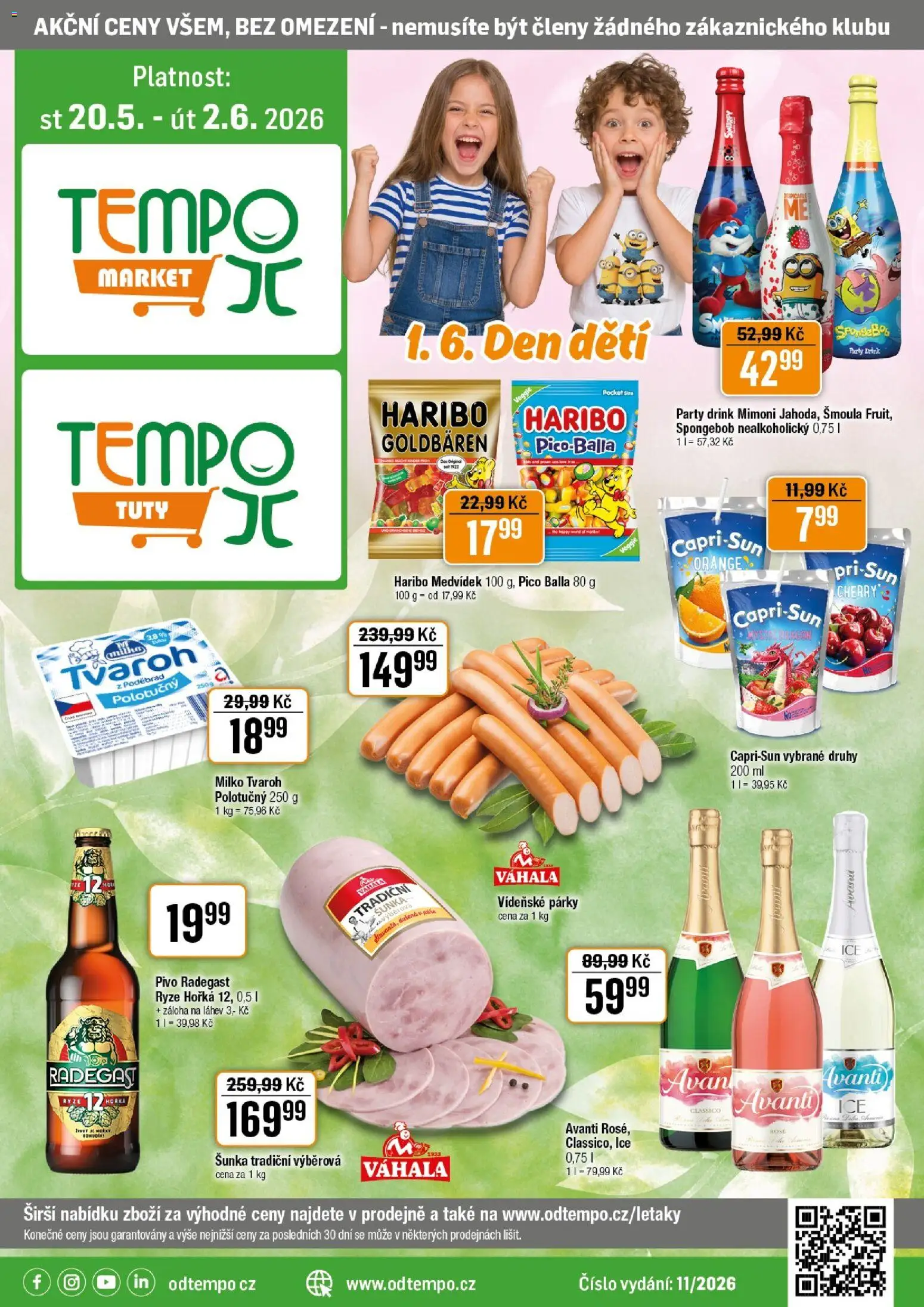 Tempo leták od 20.05.2026 | Strana: 1 | Produkty: Šunka, Vídeňské párky, Tvaroh, Mimoni