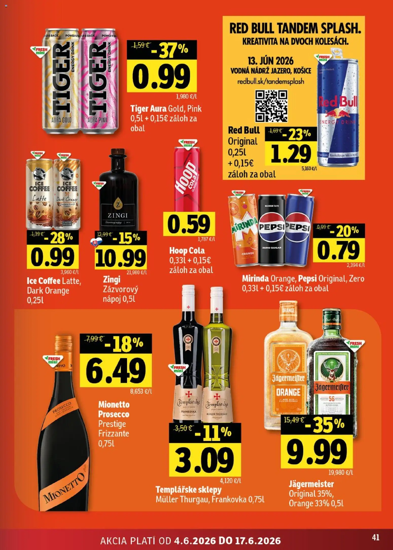 Nové Fresh akcie – leták je platný od 04.06.2026 | Strana: 41 | Produkty: Jägermeister, Prosecco, Mirinda, Cola