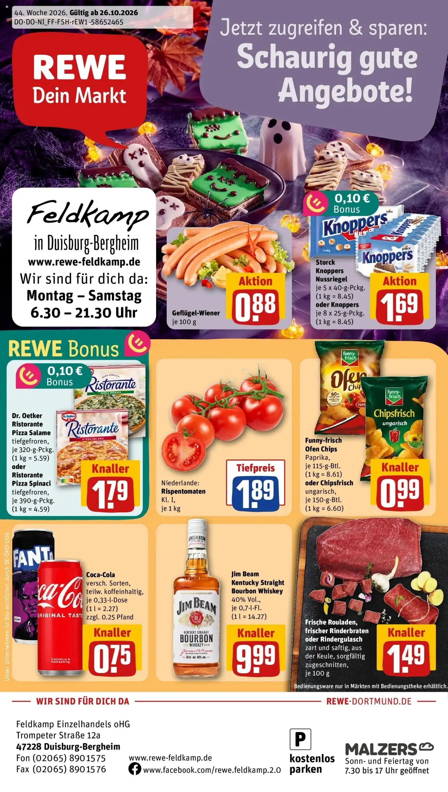REWE Prospekt ab 26.10.2026 zum Blättern » Angebote | Seite: 1 | Produkte: Rinderbraten, Jim beam, Knoppers, Uhr