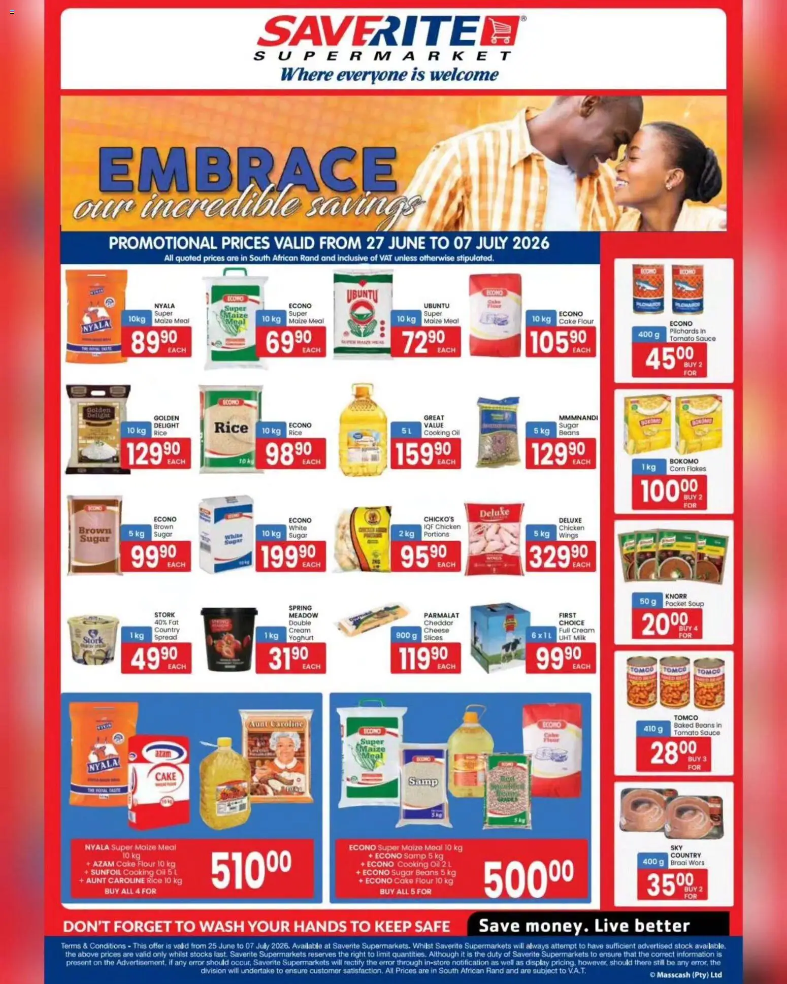 New Saverite catalogue – valid from 27/06/2026 | Page: 1 | Products: Corn, Baked beans, Maize meal, Rice