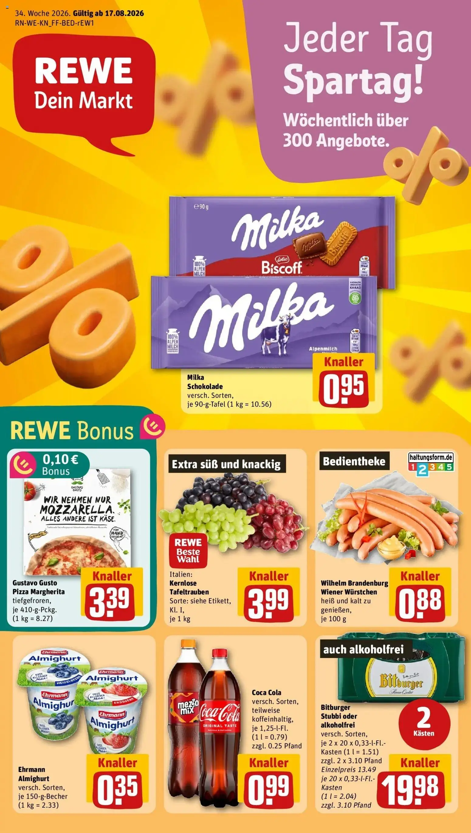 REWE Prospekt ab 17.08.2026 zum Blättern » Angebote | Seite: 1 | Produkte: Gustavo gusto, Wiener wurstchen, Coca cola, Milka