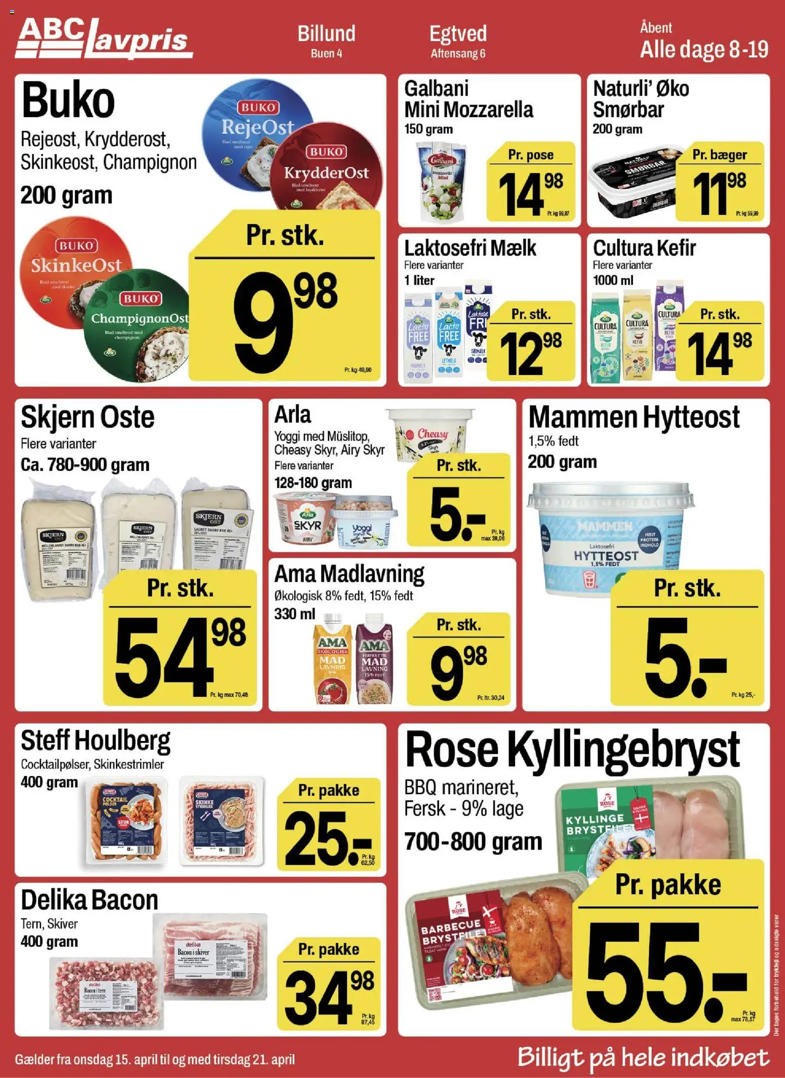 Abc Lavpris tilbudsavis – gyldig fra 15.04.2026 | Side: 6 | Produkter: Mælk, Bacon, Hytteost, Mozzarella