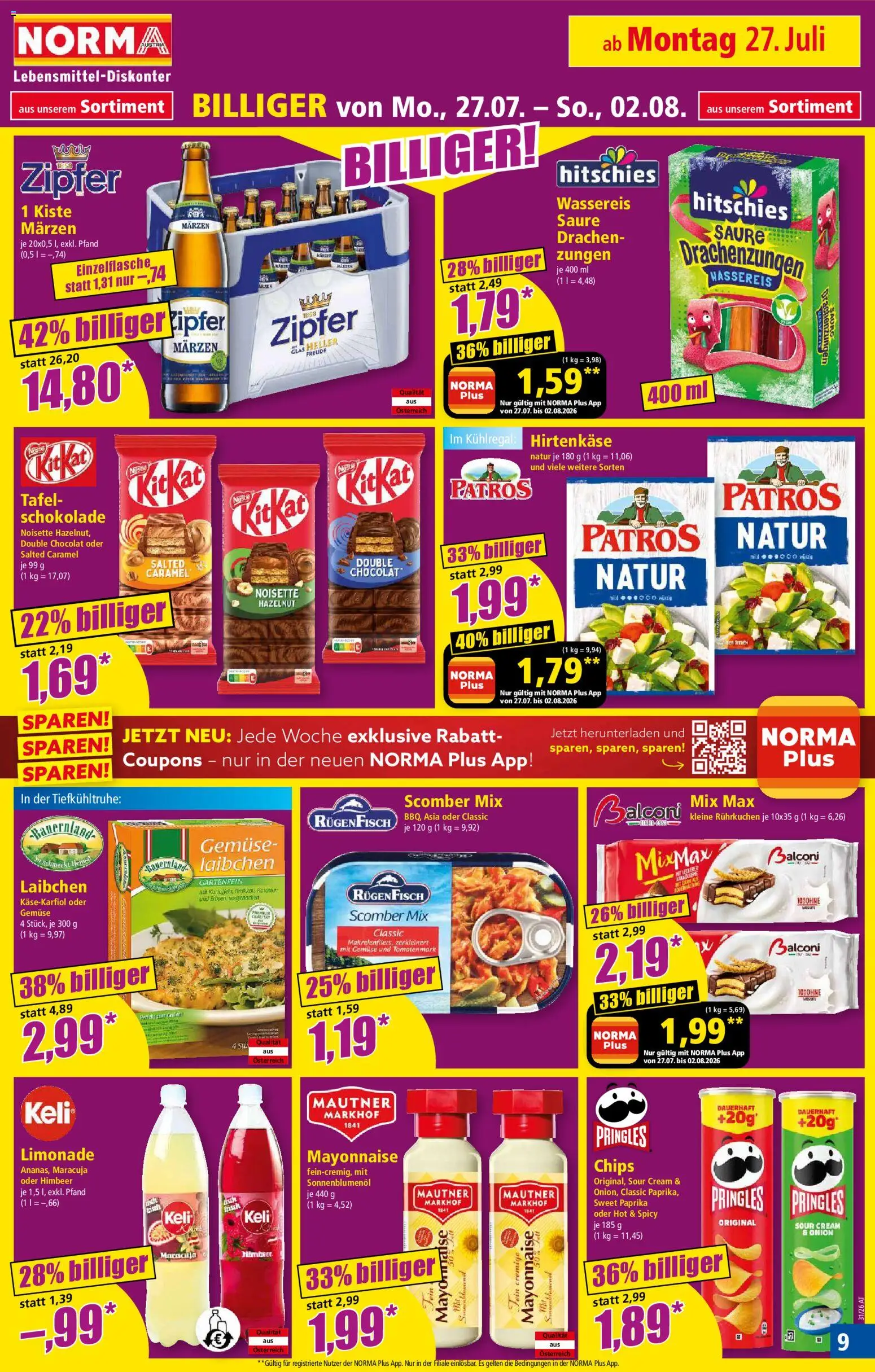 Norma Flugblatt gültig ab 27.07.2026 | Seite: 9 | Produkte: Chips, Mayonnaise, Schokolade, Brokkoli