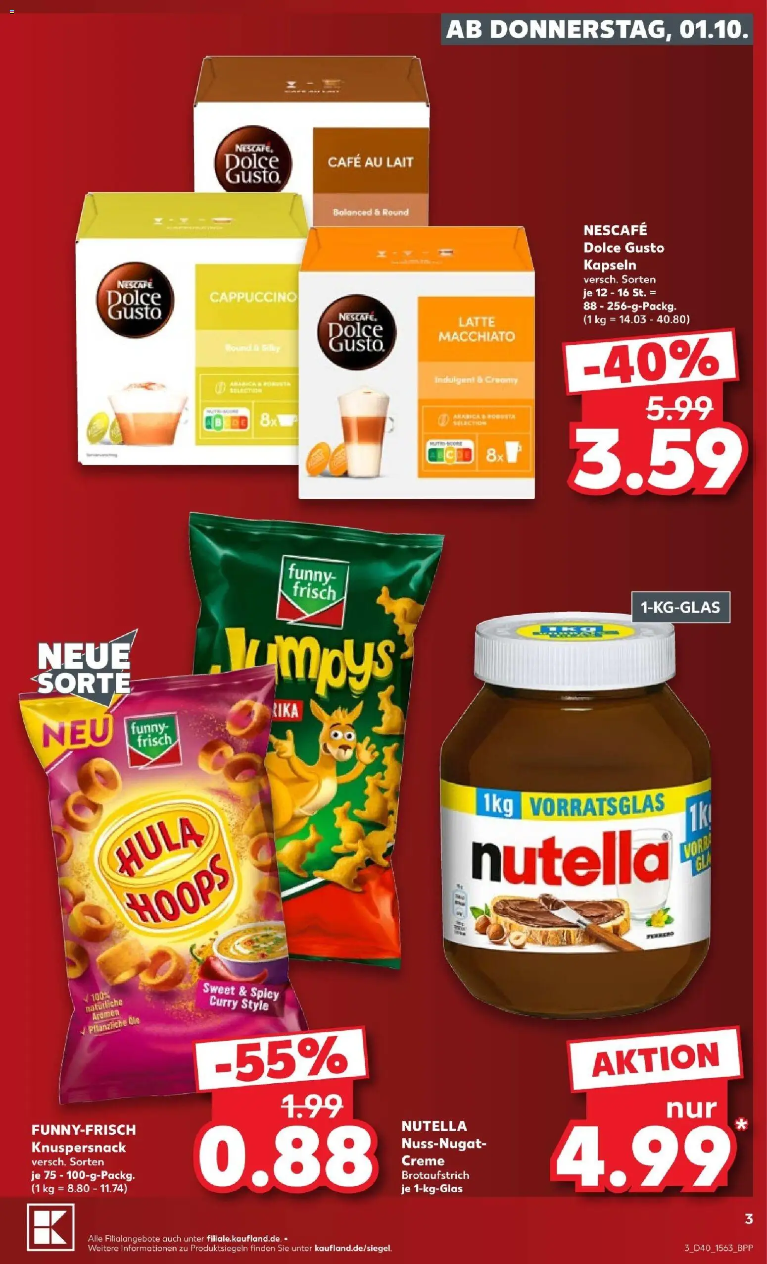 Kaufland Prospekt Kiel – gültig ab 01.10.2026 | Seite: 3 | Produkte: Nescafe, Funny frisch, Nutella, Dolce gusto