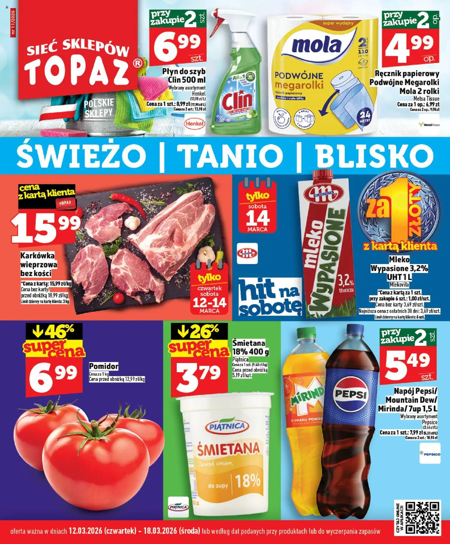 Topaz gazetka od 12.03.2026 | Strona: 1 | Produkty: Karta, Karkówka, Karkówka wieprzowa, Śmietana