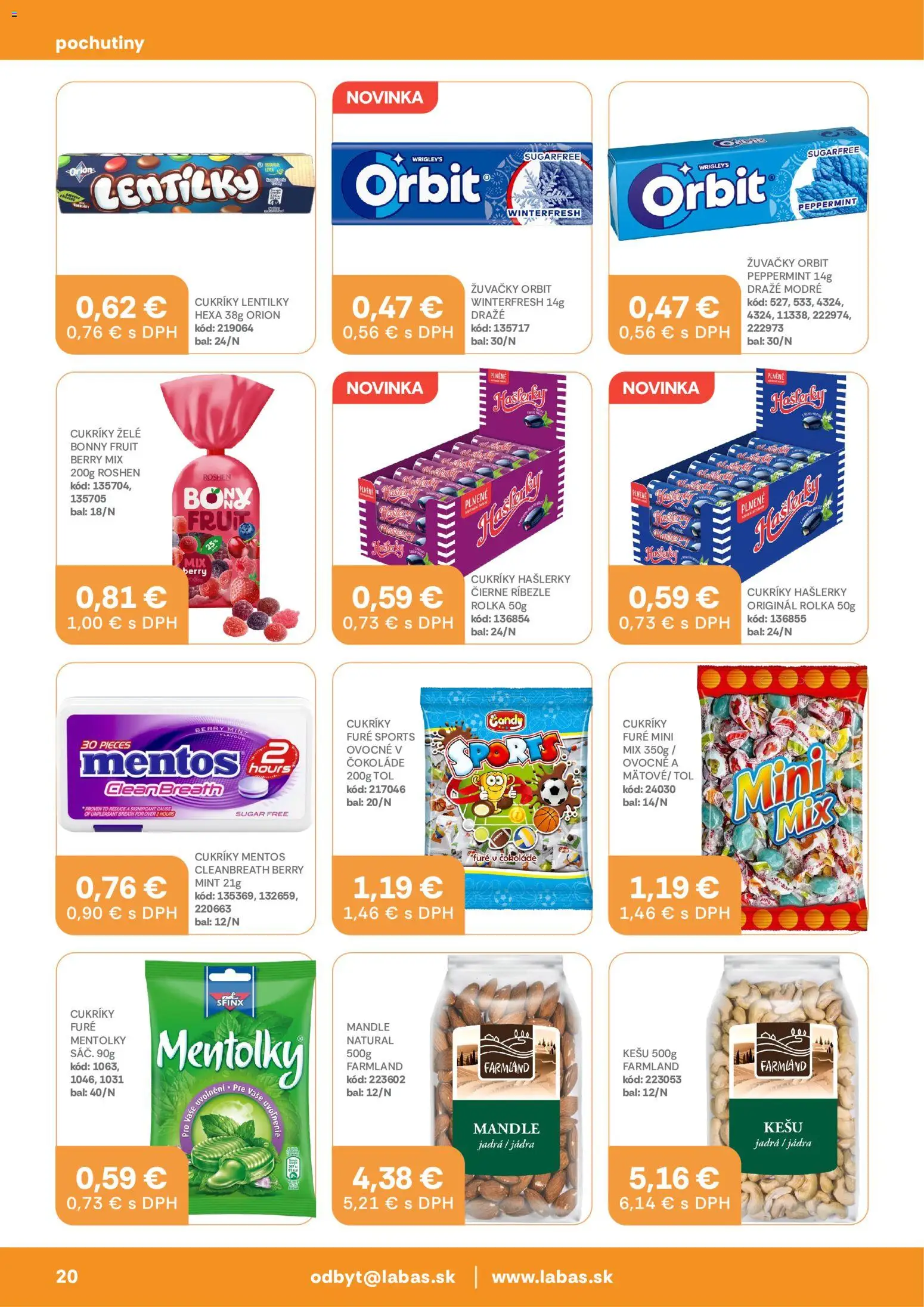 Nové Labaš akcie – leták je platný od 25.08.2026 | Strana: 20 | Produkty: Ríbezle, Cukríky, Žuvačky, Mandle