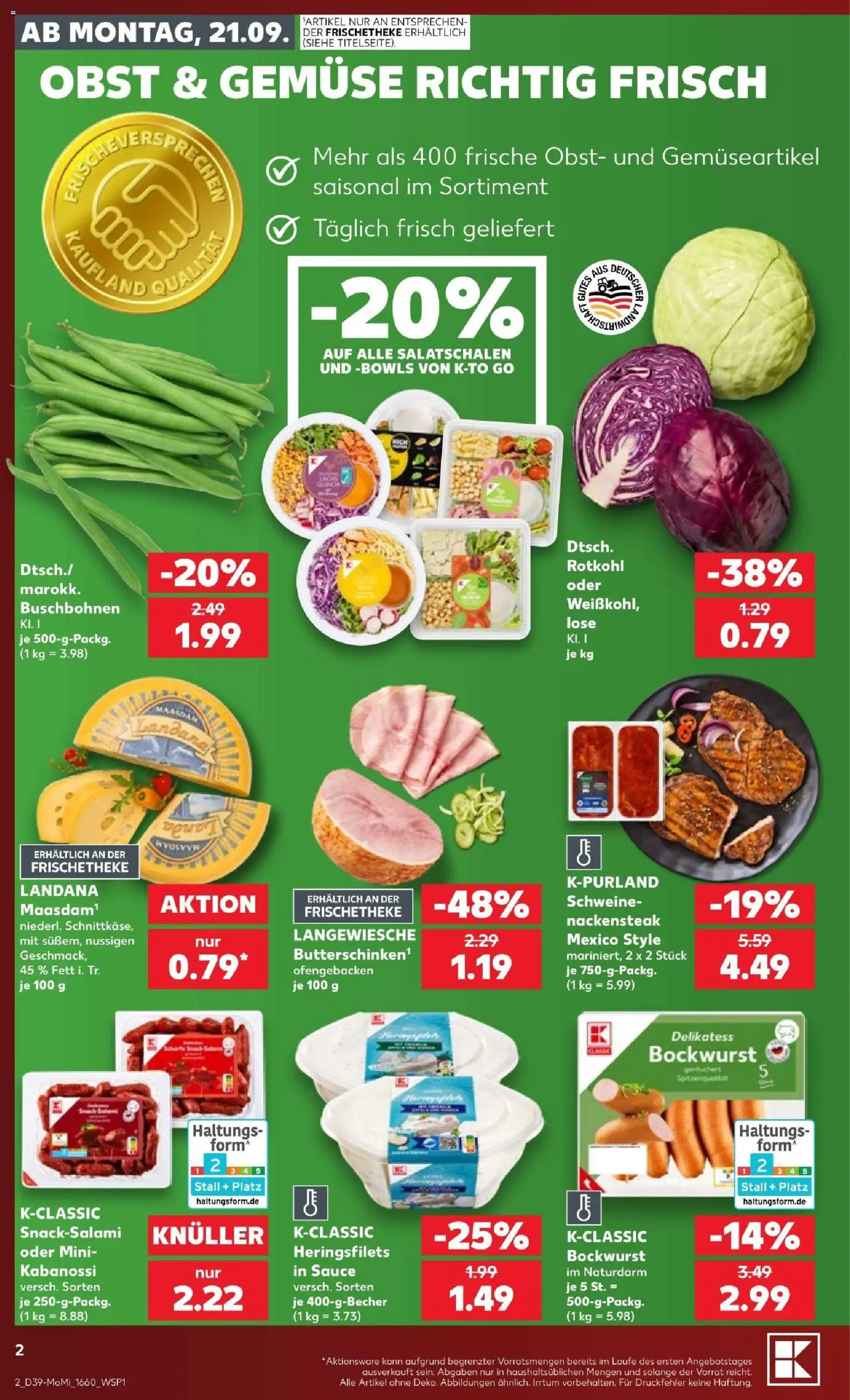 Kaufland Prospekt Jena – gültig ab 21.09.2026 | Seite: 2 | Produkte: Bockwurst, Rotkohl, Gemüse, Obst