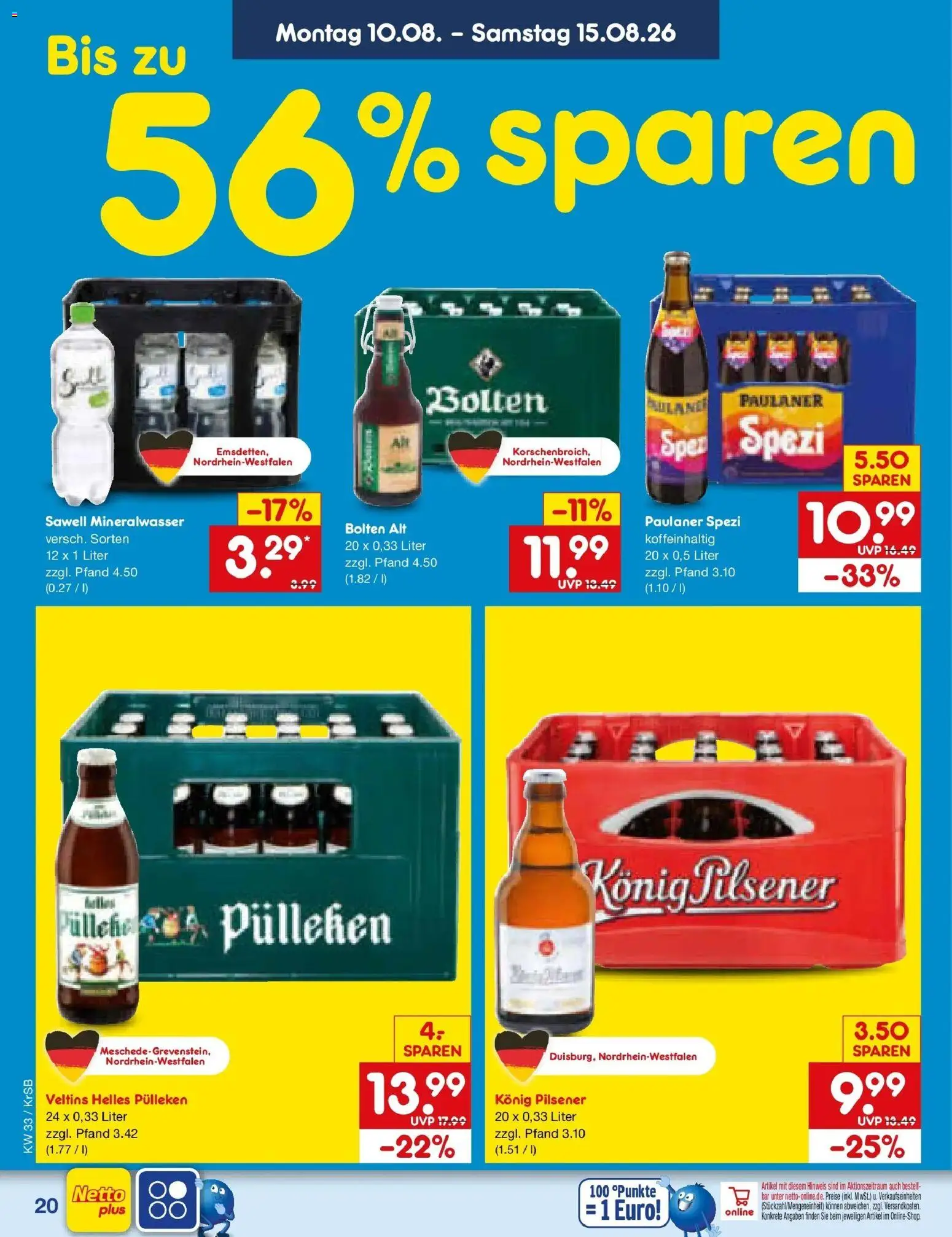Netto Marken-Discount Prospekt Jüchen (ab 10.08.2026) » Angebote | Seite: 28 | Produkte: Helles pulleken, Paulaner spezi, Mineralwasser, Veltins