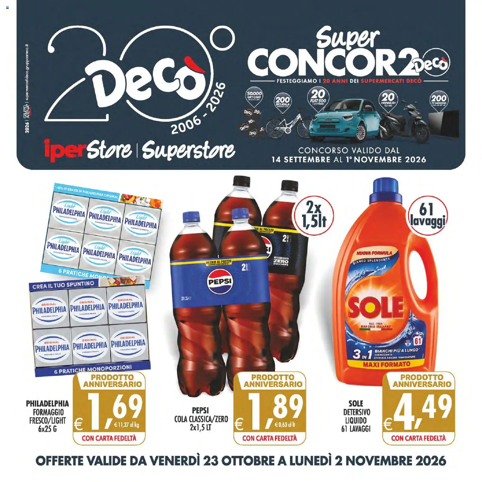 Volantino Decò del 23/10/2026 | Pagina: 1 | Prodotti: Zucchero, Formaggio, Pepsi, Samsung