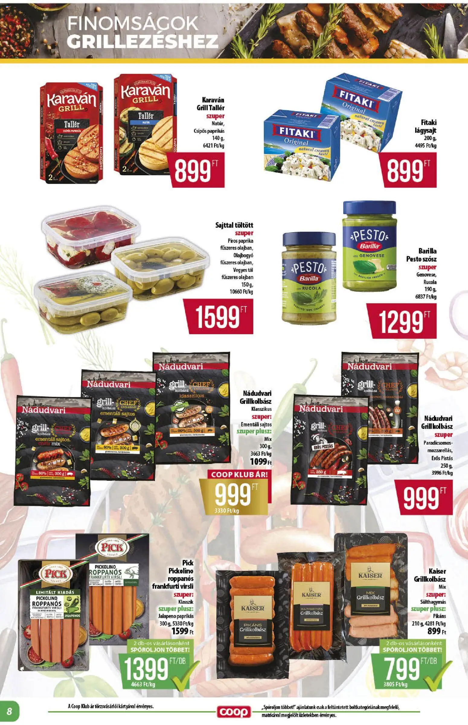 COOP akciós ujság - amely érvényes a következő dátumtól: 2026.08.13. | Oldal: 8 | Termékek: Virsli, Pesto, Olajbogyó, Szósz