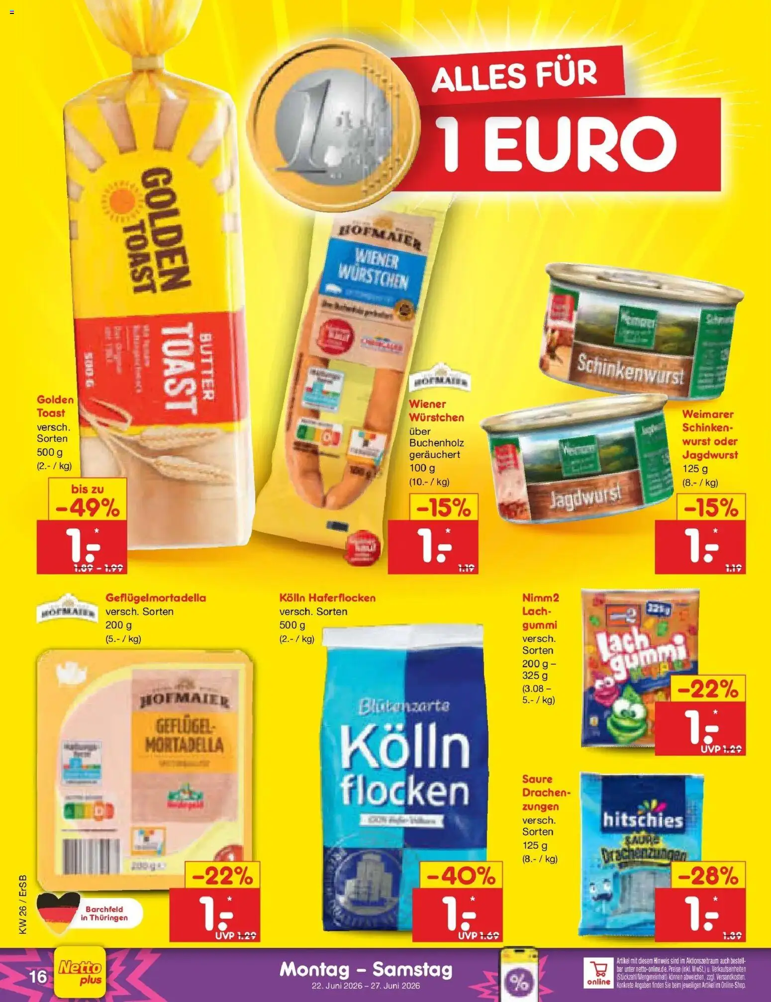 Netto Marken-Discount Prospekt Nordhausen – gültig ab 21.06.2026 | Seite: 20 | Produkte: Kolln haferflocken, Toast, Schinken, Flocken