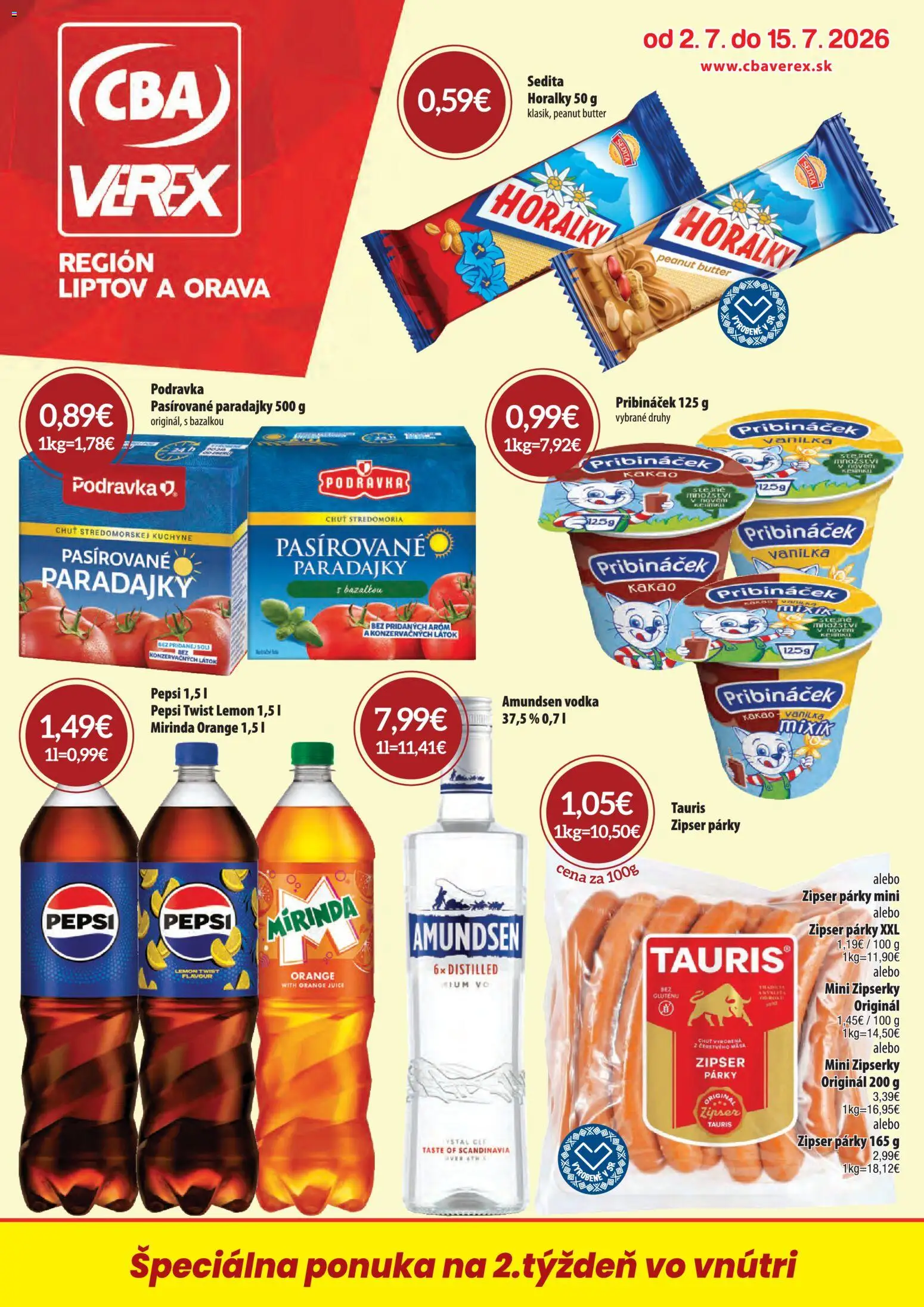 Nové CBA Verex akcie – leták je platný od 02.07.2026 | Strana: 1 | Produkty: Párky, Amundsen vodka, Horálky, Kakao