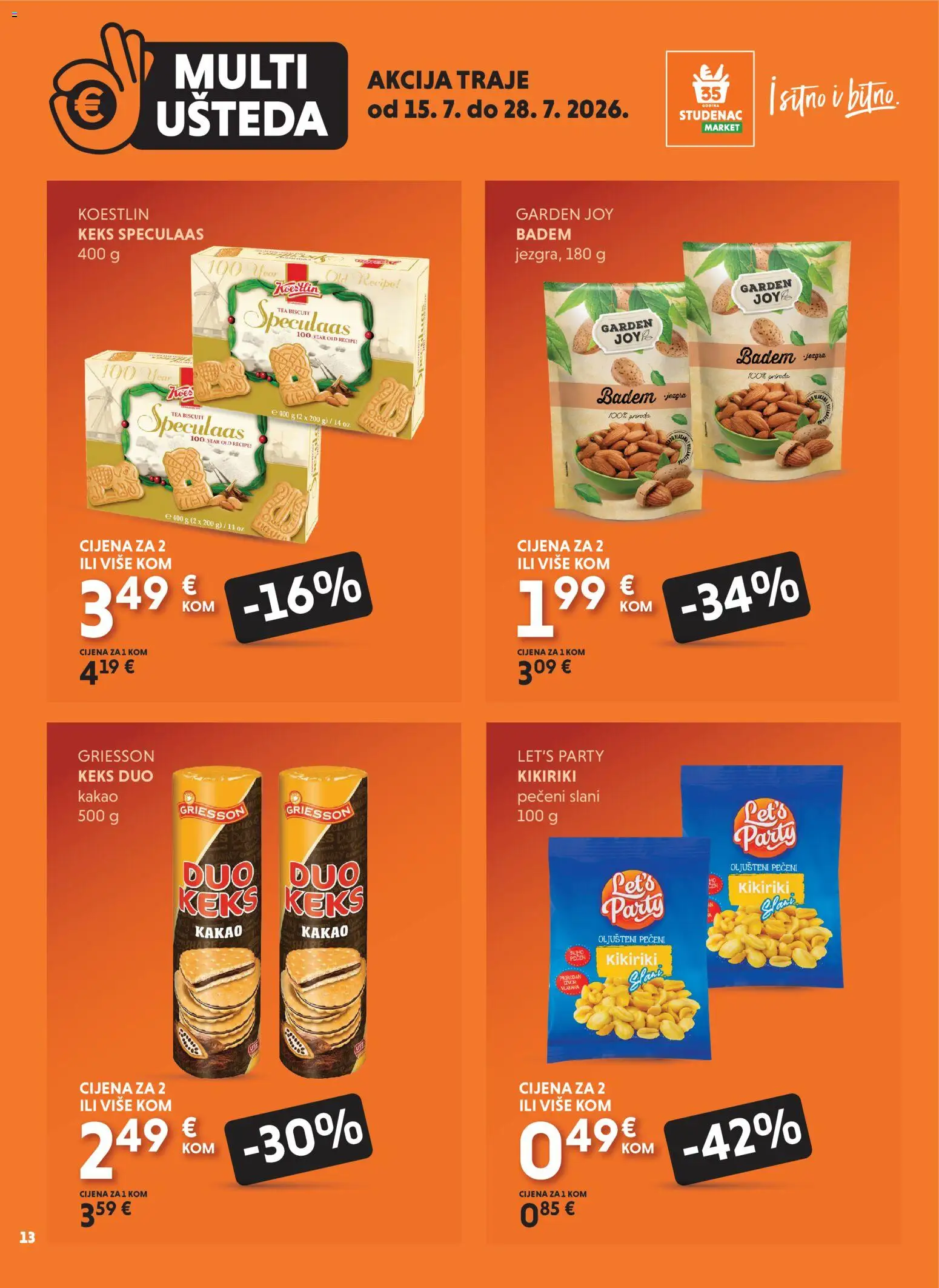 Studenac katalog | vrijedi od 15.07.2026 | Stranica: 13 | Proizvodi: Keks, Kikiriki, Badem, Kakao