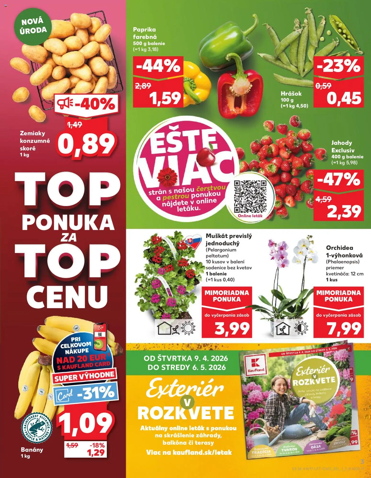 Nové Kaufland akcie – leták je platný od 23.04.2026 | Strana: 3 | Produkty: Paprika, Banány, Jahody, Zemiaky