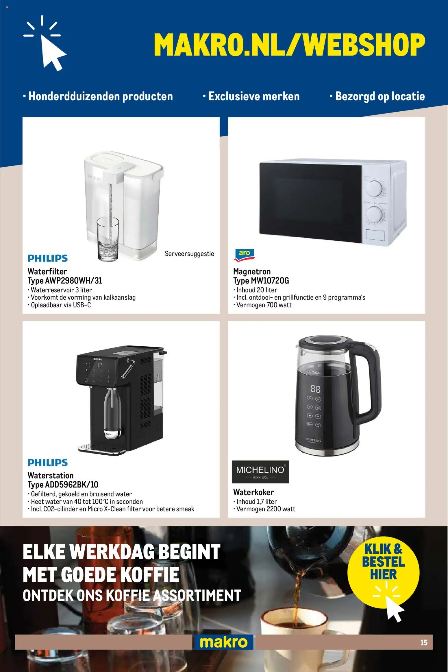 {H1} | Pagina: 15 | Producten: Koffie, Waterkoker, Water, Magnetron