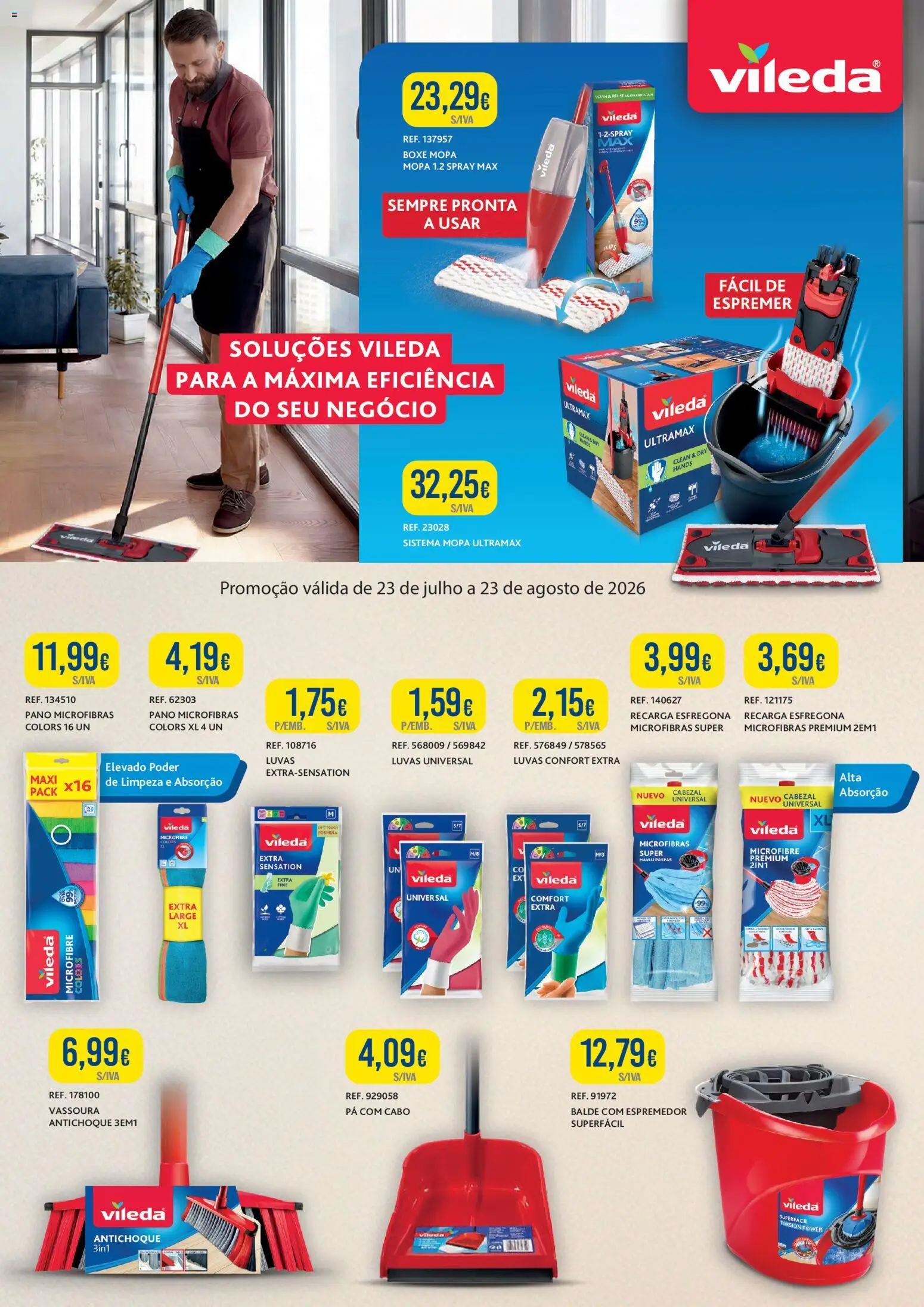 Makro Monofolha Vileda │ válido de 23/07/2026 | Página: 1 | Produtos: Cabo, Espremedor, Pá, Vassoura