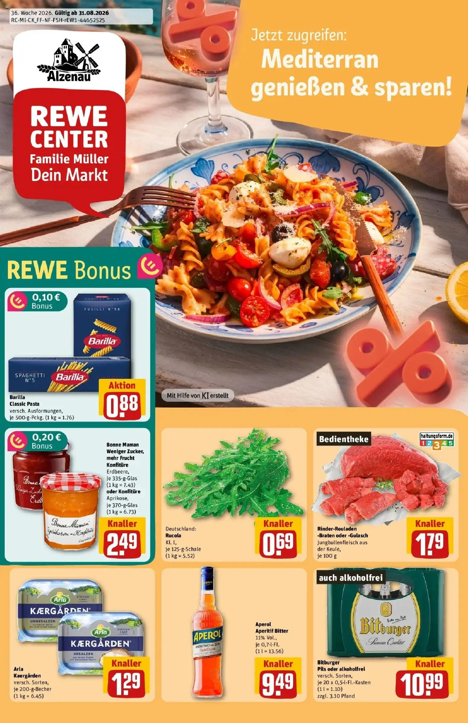 REWE Prospekt ab 31.08.2026 zum Blättern » Angebote | Seite: 1 | Produkte: Barilla, Spaghetti, Pils, Bonne maman
