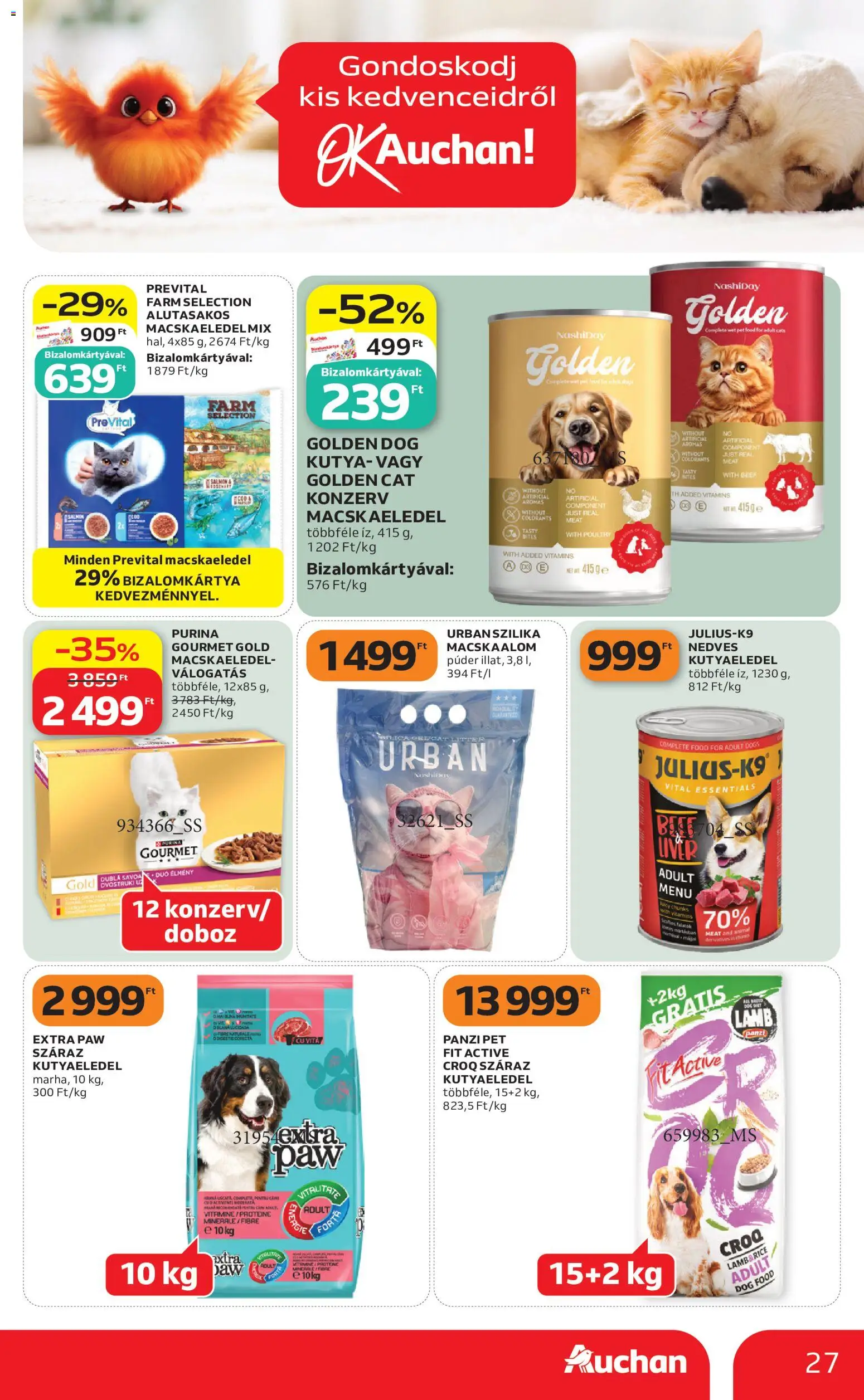 Auchan akciós ujság - amely érvényes a következő dátumtól: 21.05.2026 | Oldal: 27 | Termékek: Macskaeledel, Kutyaeledel, Púder, Doboz