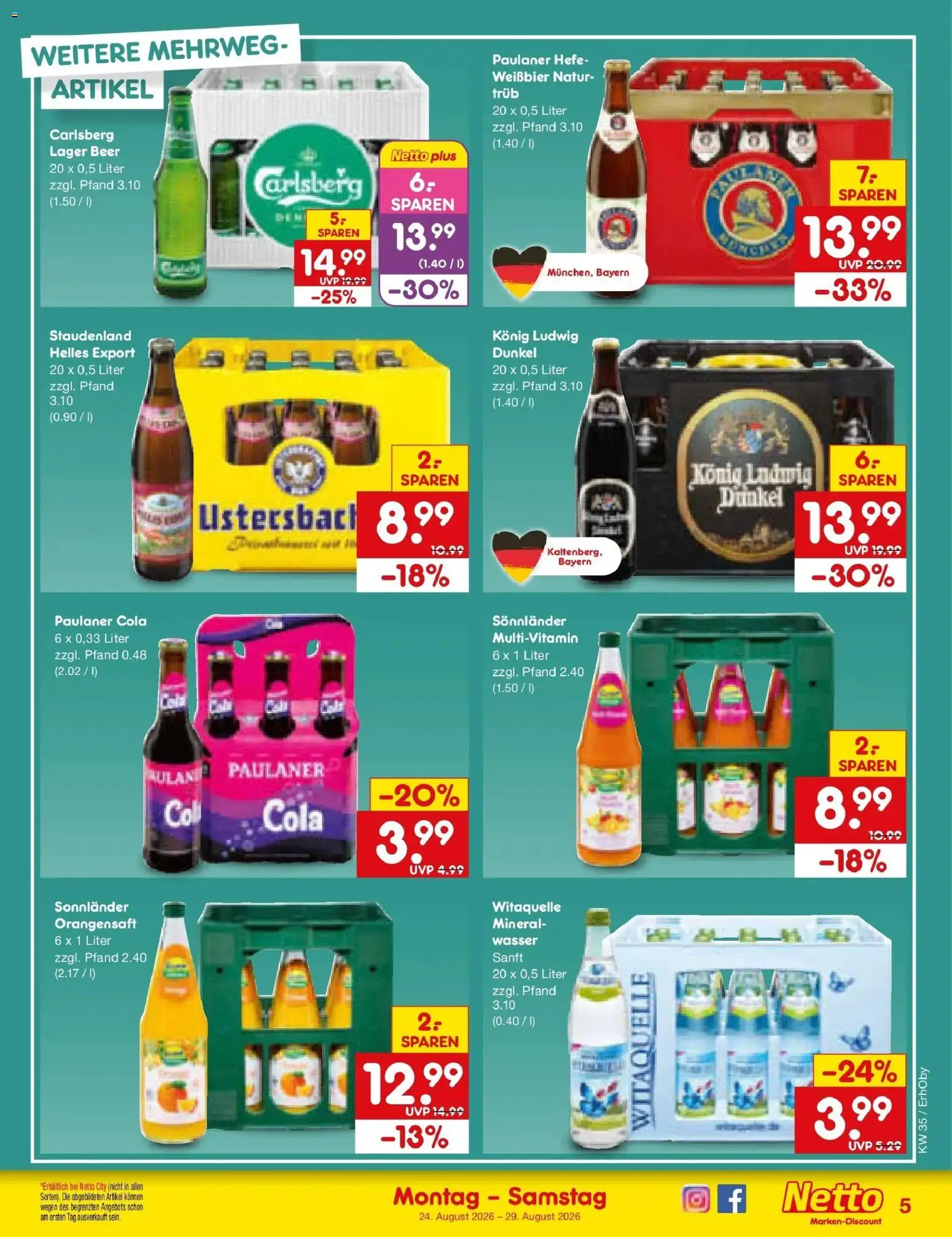 Netto Marken-Discount Prospekt Velden (ab 24.08.2026) » Angebote | Seite: 5 | Produkte: Weißbier, Orangensaft, Wasser, Paulaner