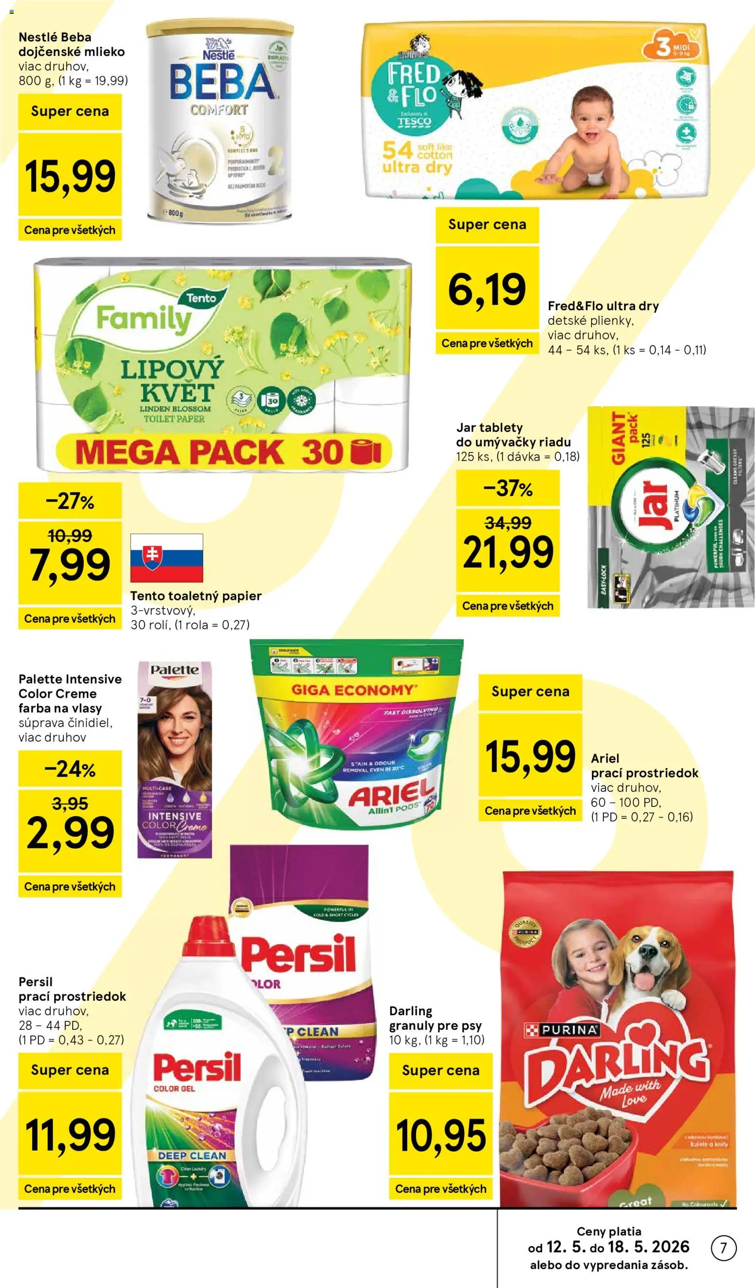 Nové Tesco akcie – leták je platný od 13.05.2026 | Strana: 7 | Produkty: Toaletný papier, Tablety do umývačky riadu, Ariel, Beba