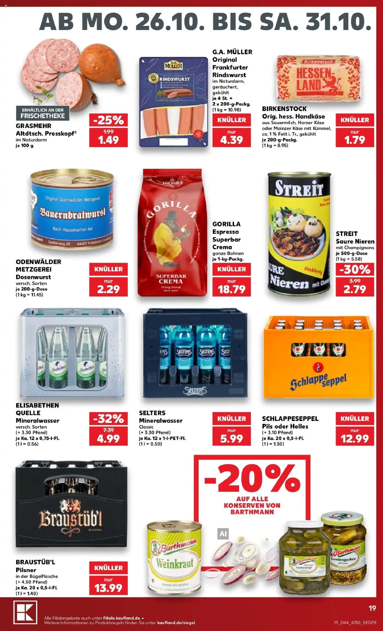 Prospekt Kaufland ab 26.10.2026 » Angebote Online zum Blättern | Seite: 23 | Produkte: Käse, Pils, Mineralwasser, Champignons