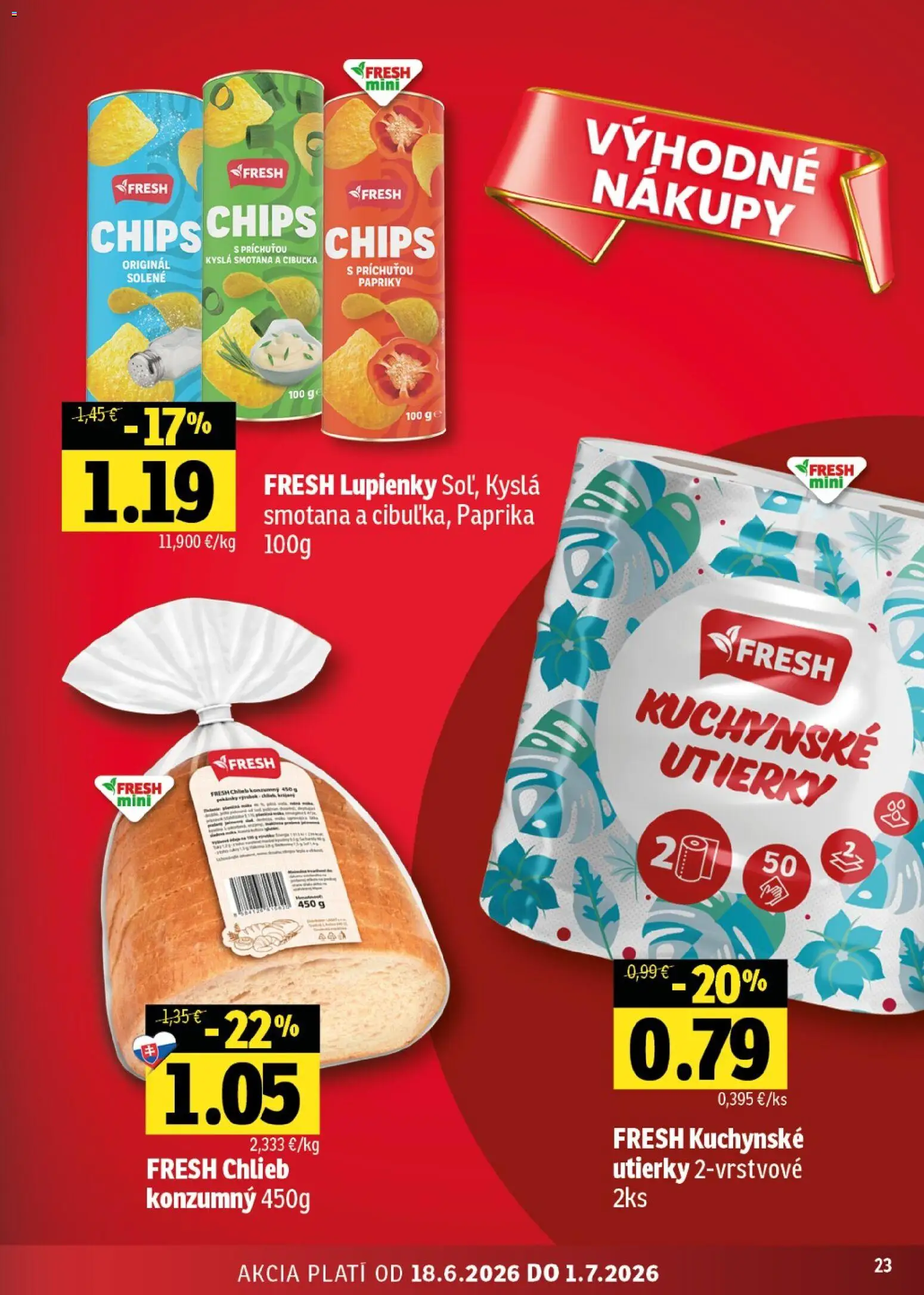 Nové Fresh akcie – leták je platný od 18.06.2026 | Strana: 23 | Produkty: Paprika, Chlieb, Smotana