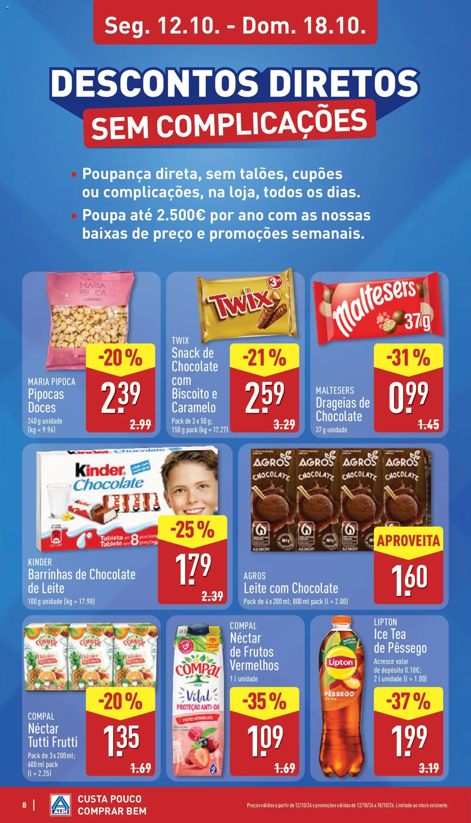 Aldi folheto │ válido de 12/10/2026 | Página: 8 | Produtos: Pipocas, Leite, Chocolate, Doces