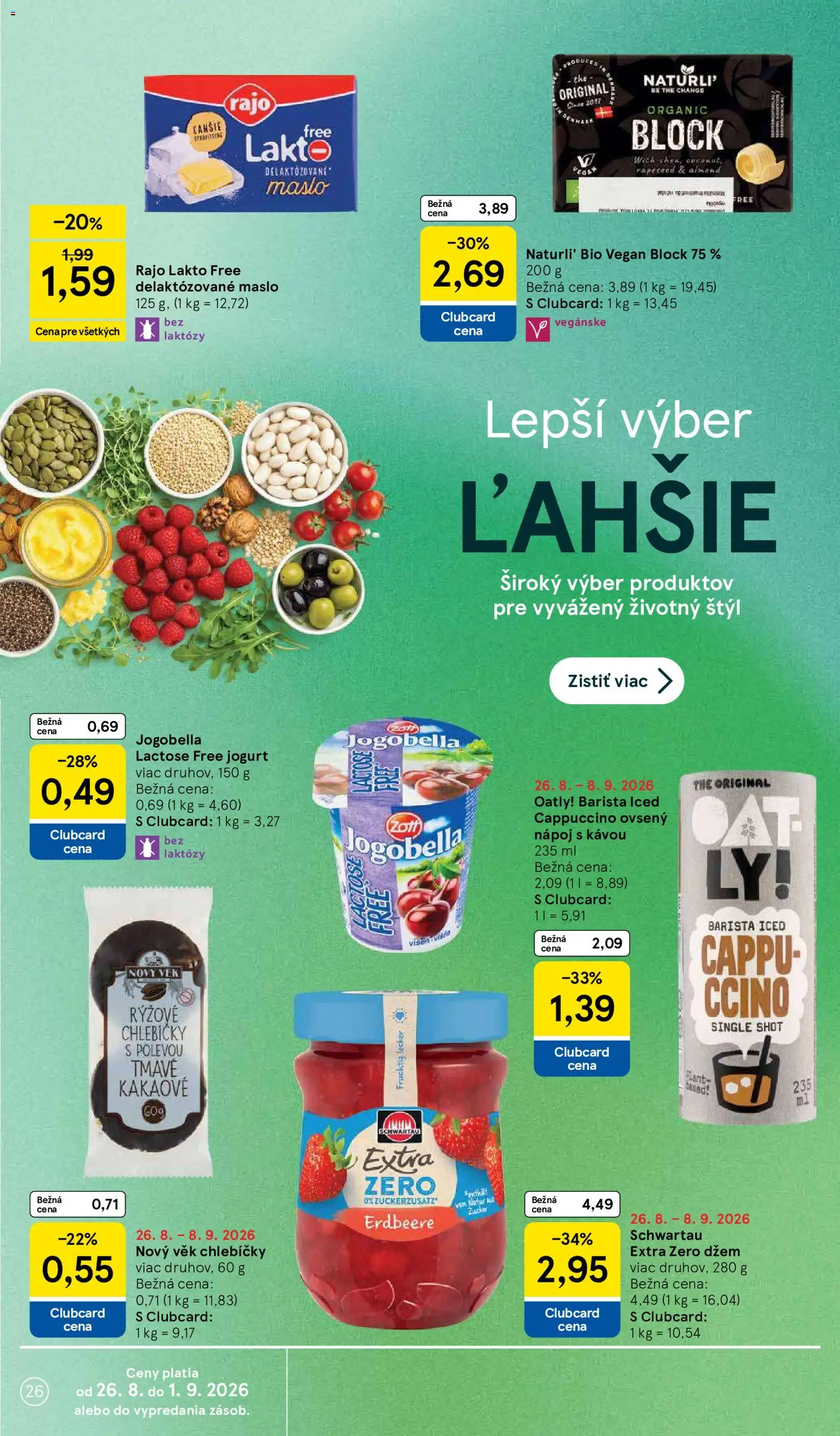 Nové Tesco akcie – leták je platný od 26.08.2026 | Strana: 26 | Produkty: Maslo, Barista, Ryžové chlebíčky, Cappuccino