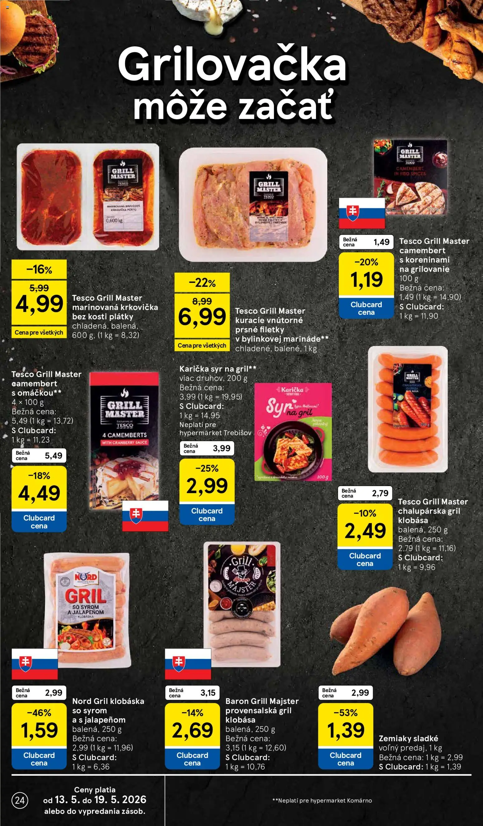 Nové Tesco akcie – leták je platný od 13.05.2026 | Strana: 24 | Produkty: Gril, Syr, Krkovička, Zemiaky