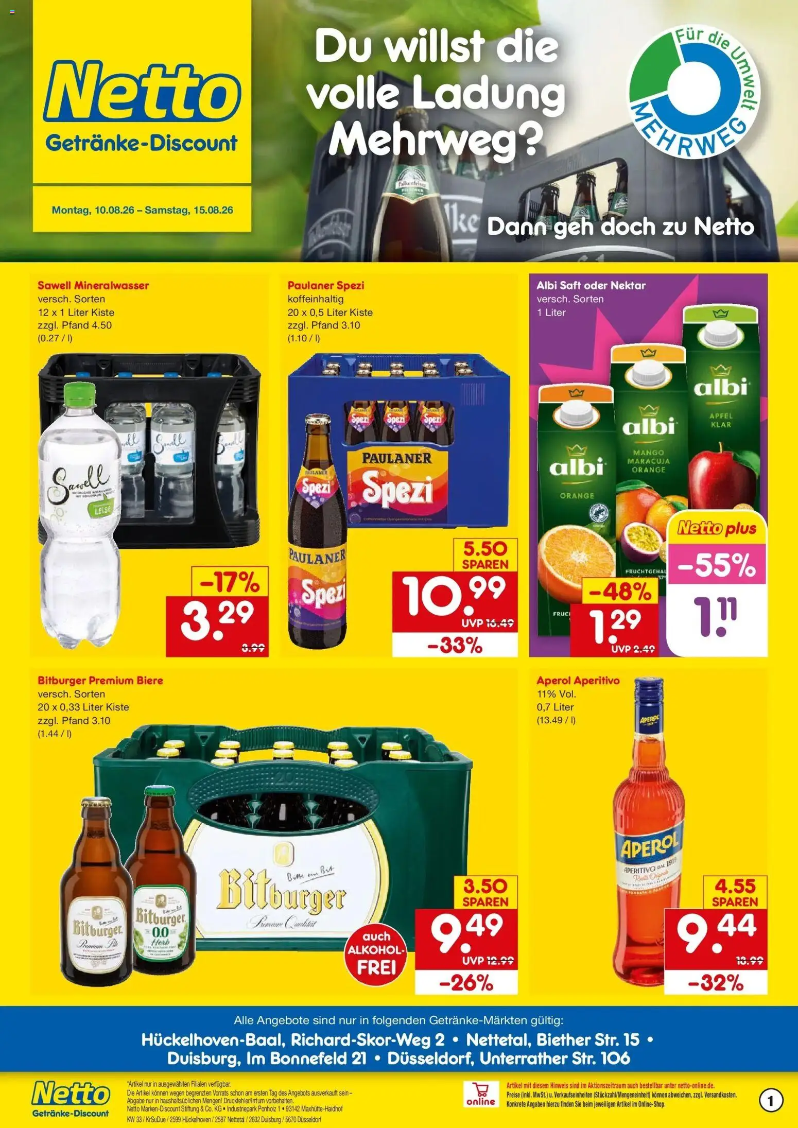 Netto Marken-Discount Prospekt Hückelhoven-Baal (ab 10.08.2026) » Angebote | Seite: 1 | Produkte: Bitburger, Äpfel, Mineralwasser, Mango