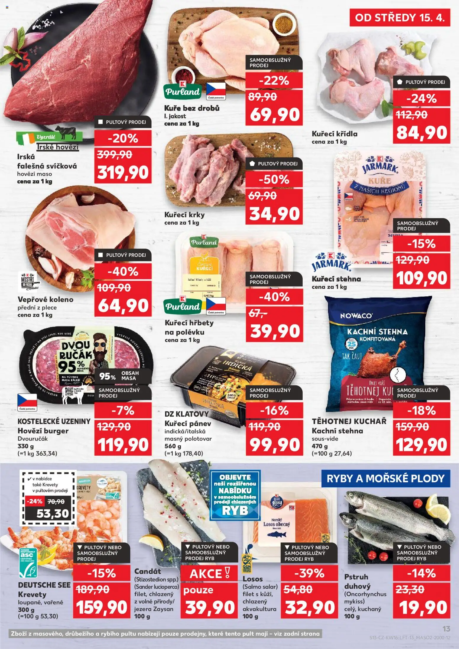 Kaufland leták - Brno od 15.04.2026 | Strana: 13 | Produkty: Burger, Kuřecí Křídla, Filet, Maso