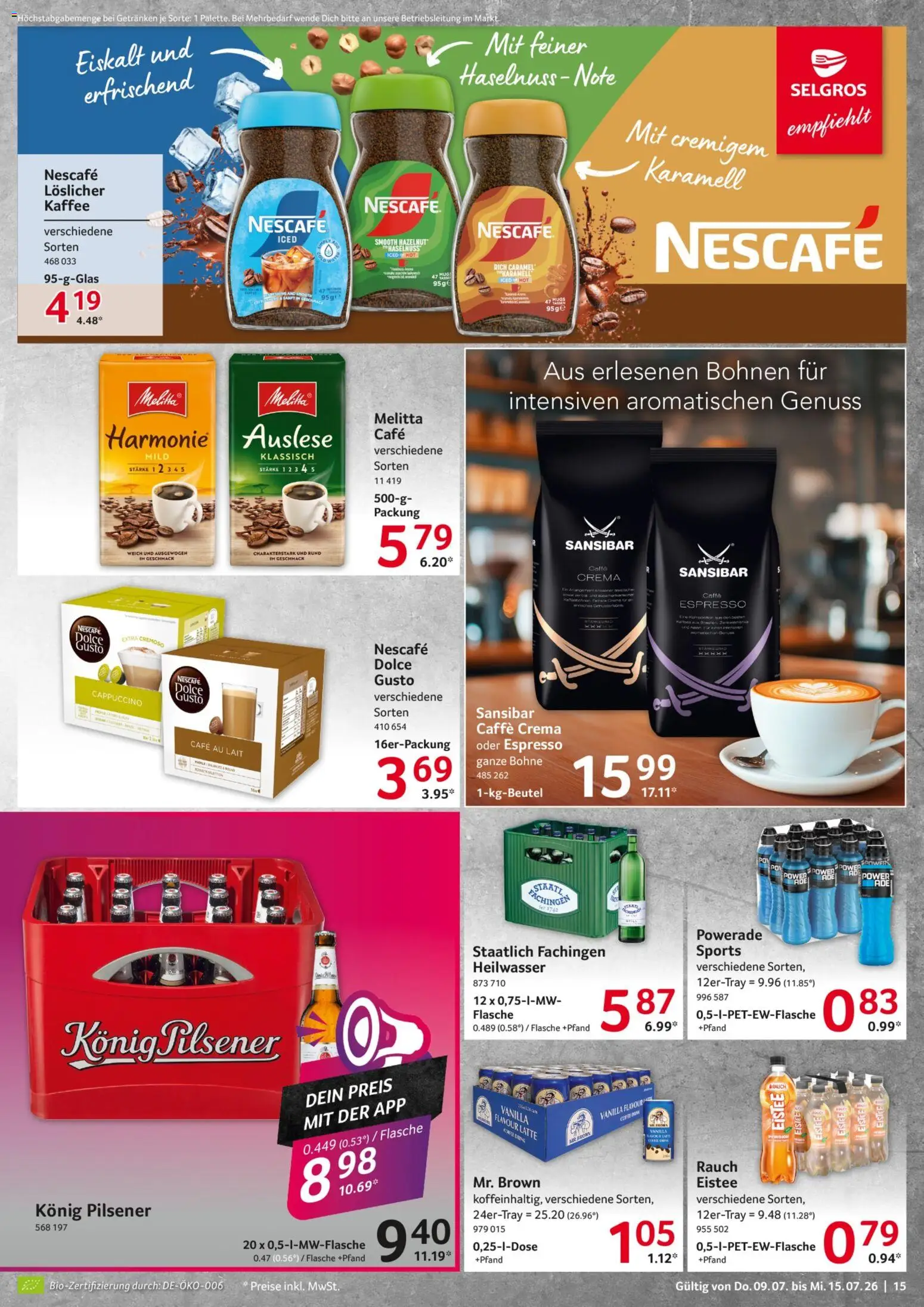 Selgros Prospekt – gültig ab 09.07.2026 | Seite: 15 | Produkte: Nescafe, Konig pilsener, Kaffee, Powerade