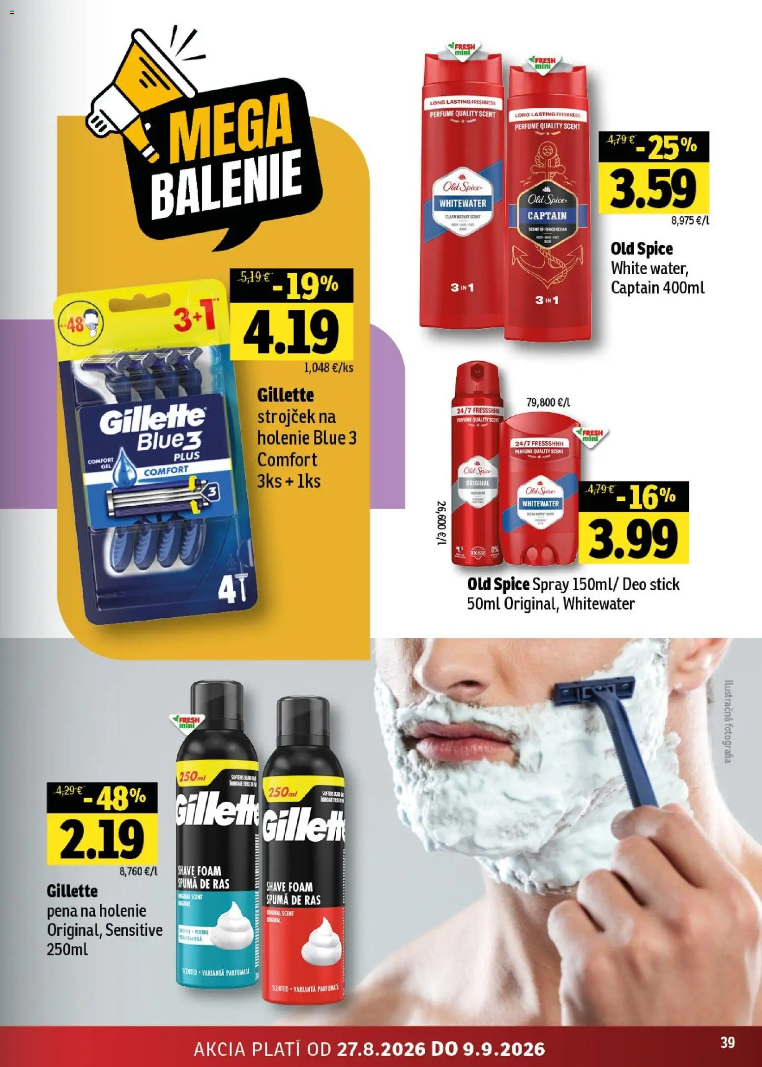 Nové Fresh akcie – leták je platný od 27.08.2026 | Strana: 39 | Produkty: Strojček, Old Spice, Pena na holenie, Pena