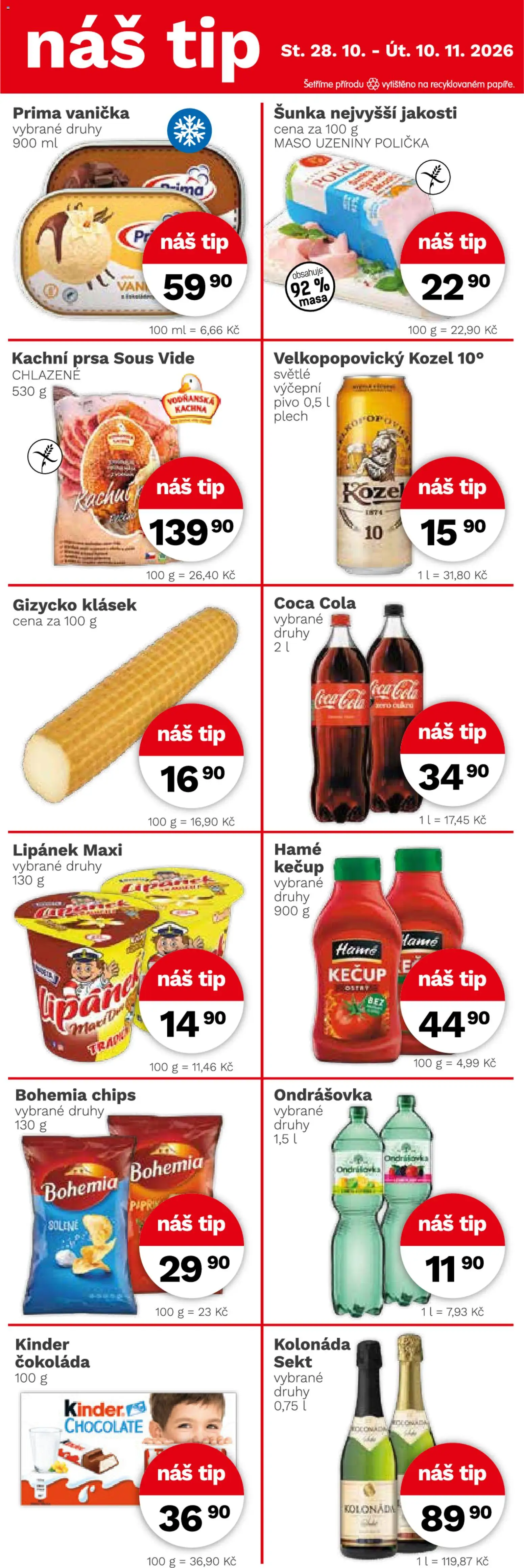 Konzum leták od 28.10.2026 | Strana: 4 | Produkty: Čokoláda, Velkopopovický Kozel, Kachní prsa, Kachna