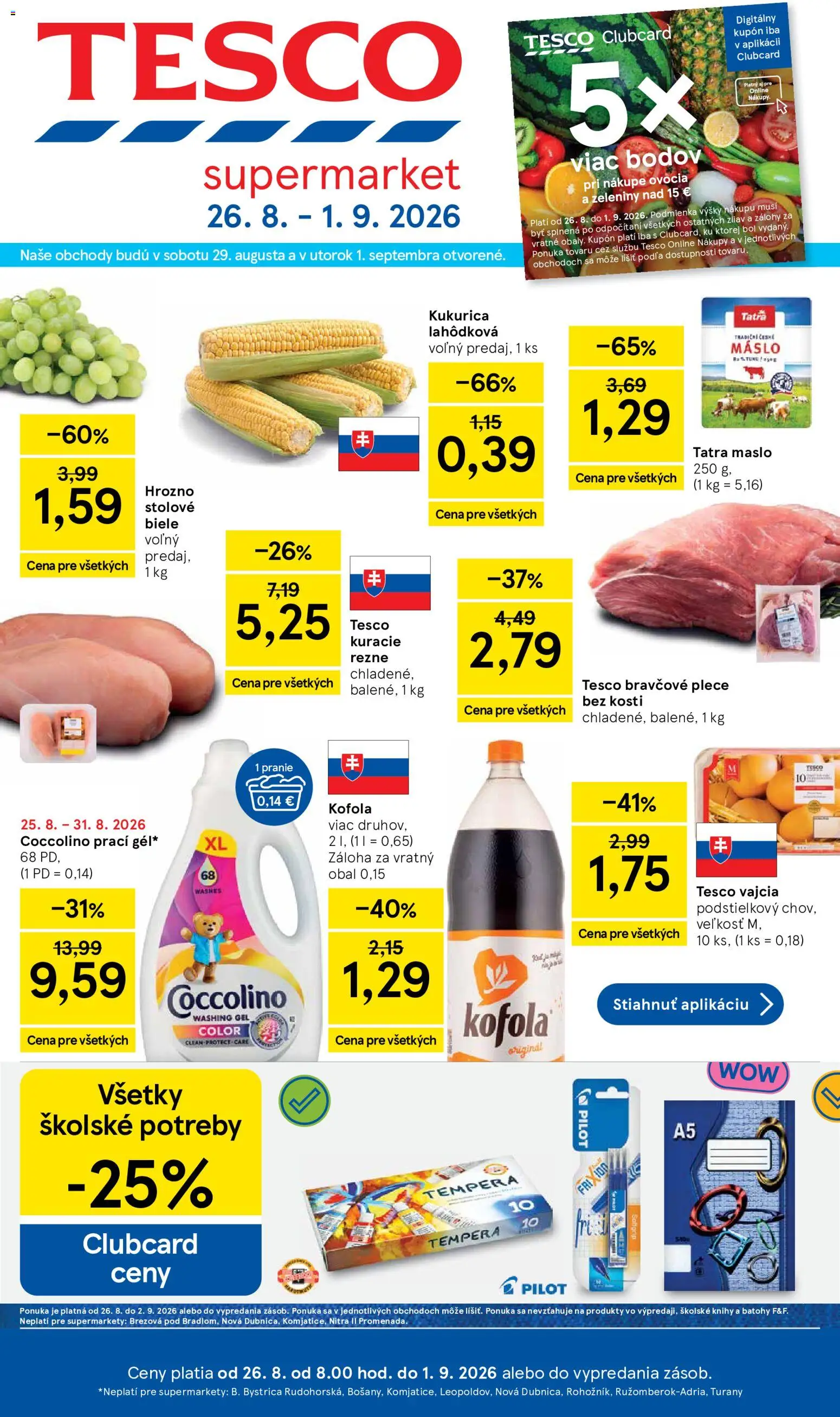 Nové Tesco akcie – leták je platný od 26.08.2026 | Strana: 1 | Produkty: Vajcia, Bravčové plece, Maslo 250 g, Cola