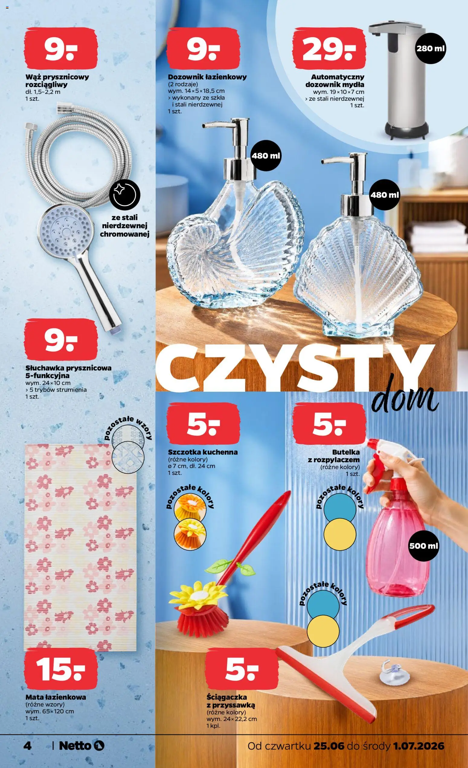 Netto gazetka od czwartku NonFood od 25.06.2026 | Strona: 4 | Produkty: Automatyczny dozownik mydła, Szczotka, Mata łazienkowa