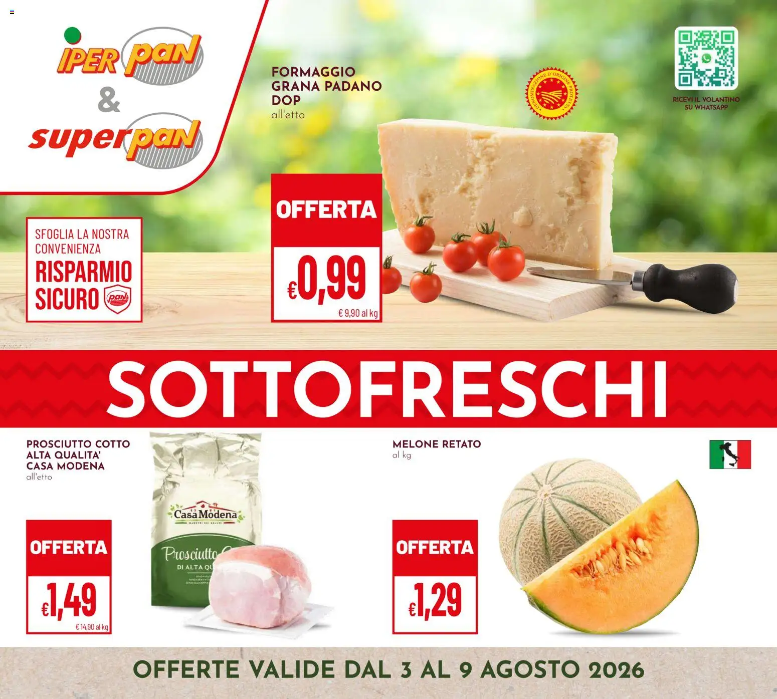Volantino Pan del 03/08/2026 | Pagina: 1 | Prodotti: Formaggio, Prosciutto, Melone, Grana Padano