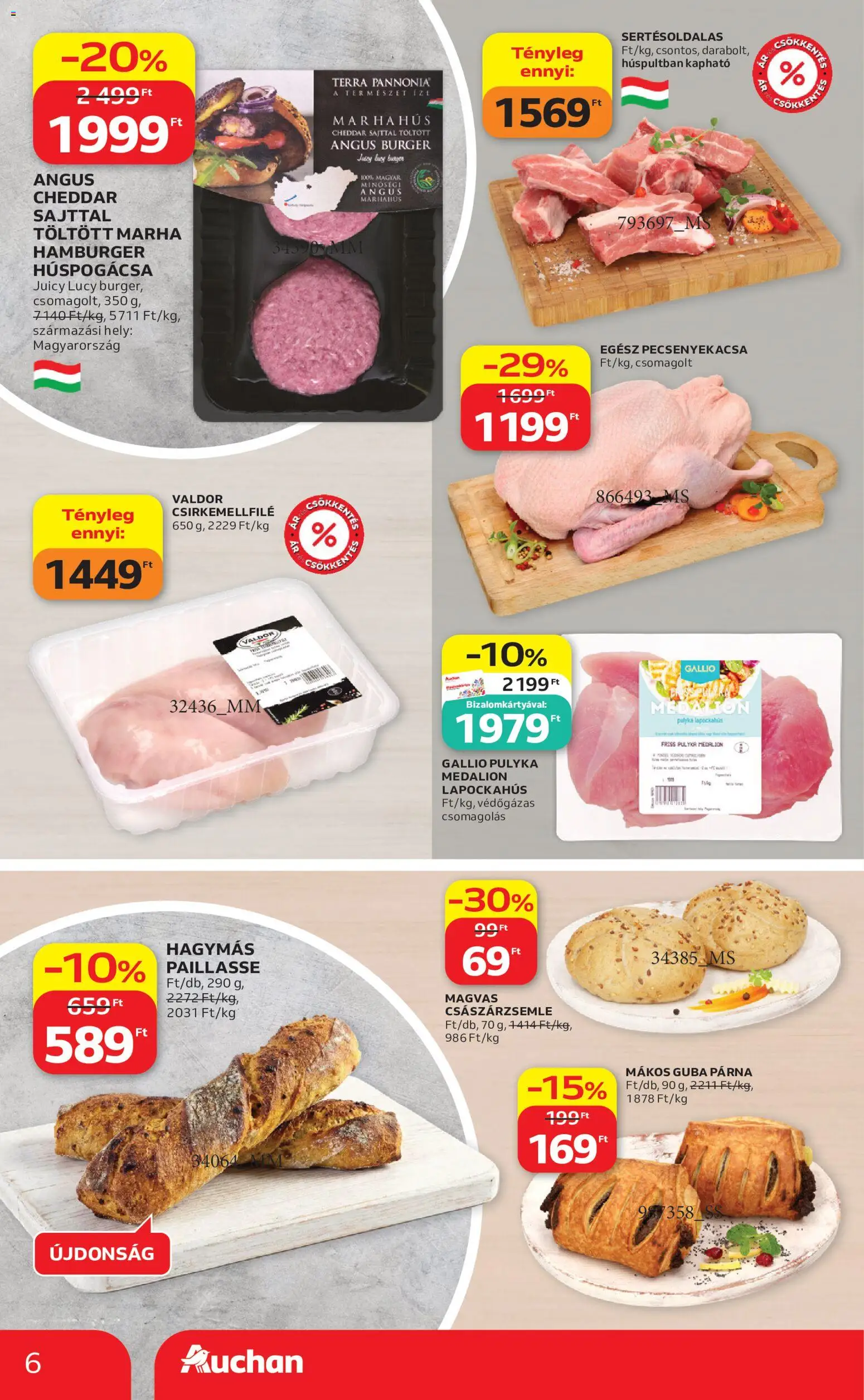 Auchan akciós ujság - amely érvényes a következő dátumtól: 21.05.2026 | Oldal: 6 | Termékek: Hamburger, Császárzsemle, Párna, Pecsenyekacsa