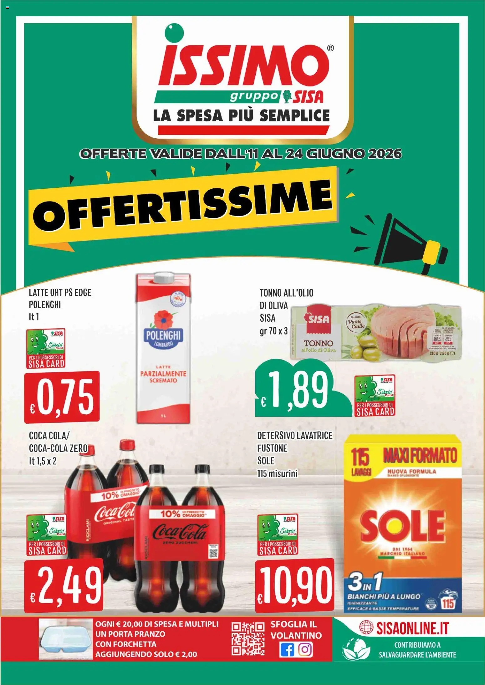 Volantino SISA del 11.06.2026 | Pagina: 1 | Prodotti: Latte, Pinne, Lavatrice, Tonno