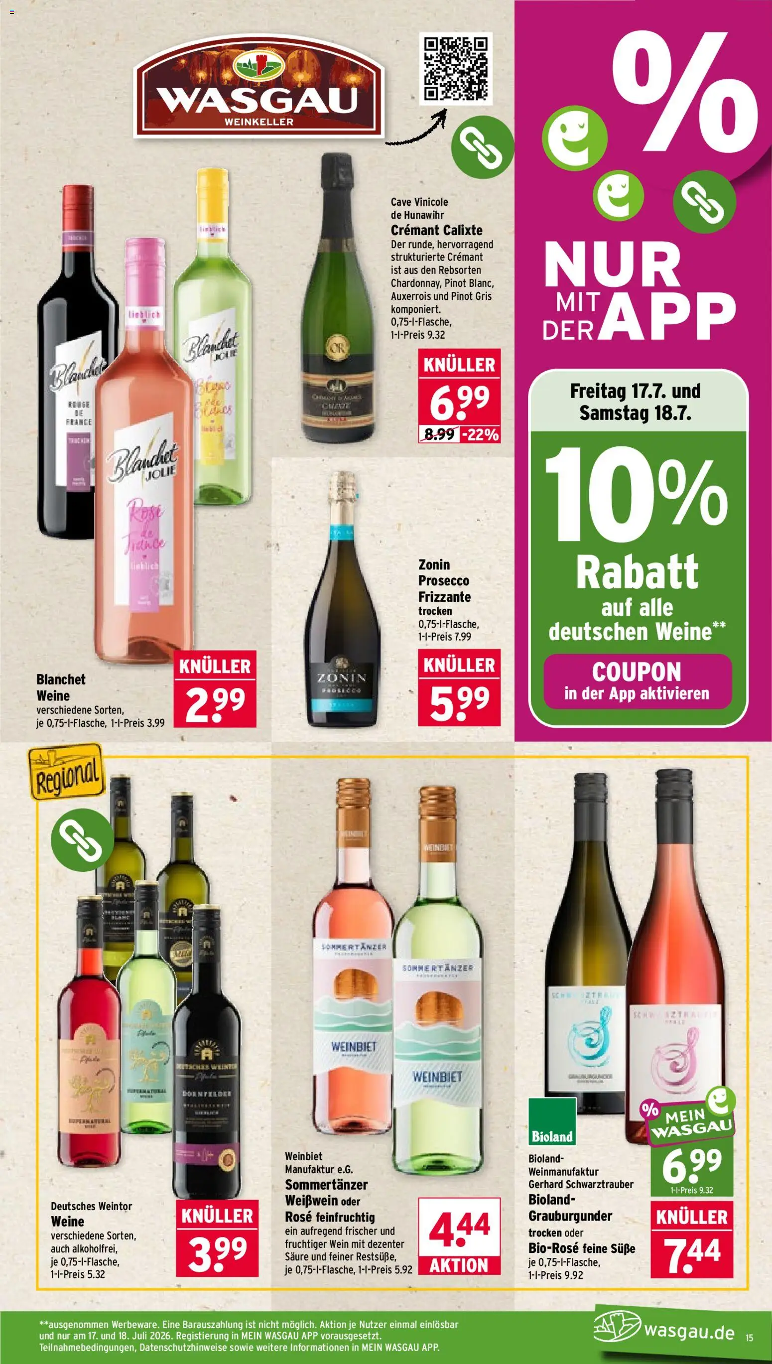 Wasgau Prospekt – gültig ab 13.07.2026 | Seite: 15 | Produkte: Weißwein, Prosecco, Wein