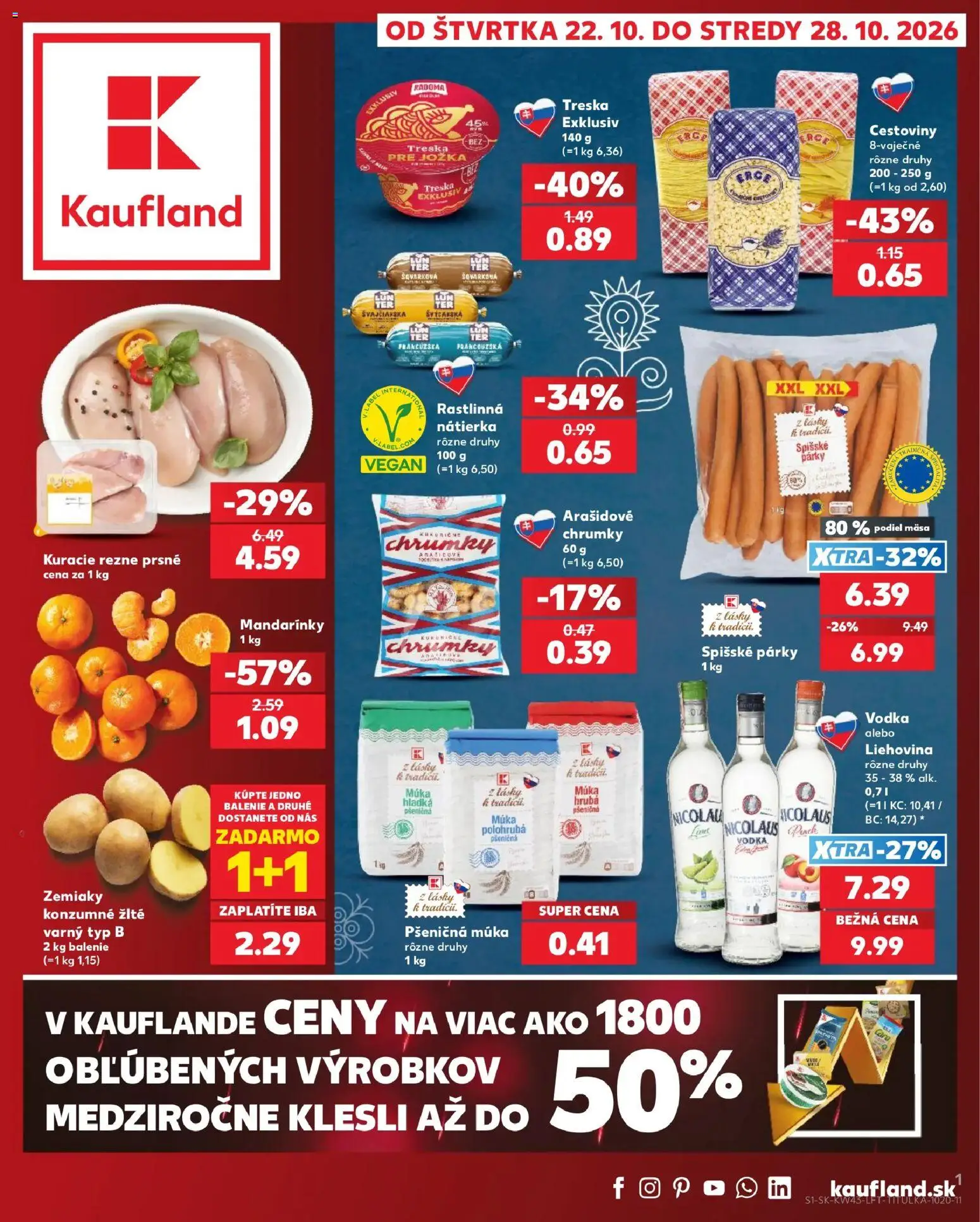 Nové Kaufland akcie – leták je platný od 22.10.2026 | Strana: 1 | Produkty: Cestoviny, Vodka, Párky, Rastlinná nátierka