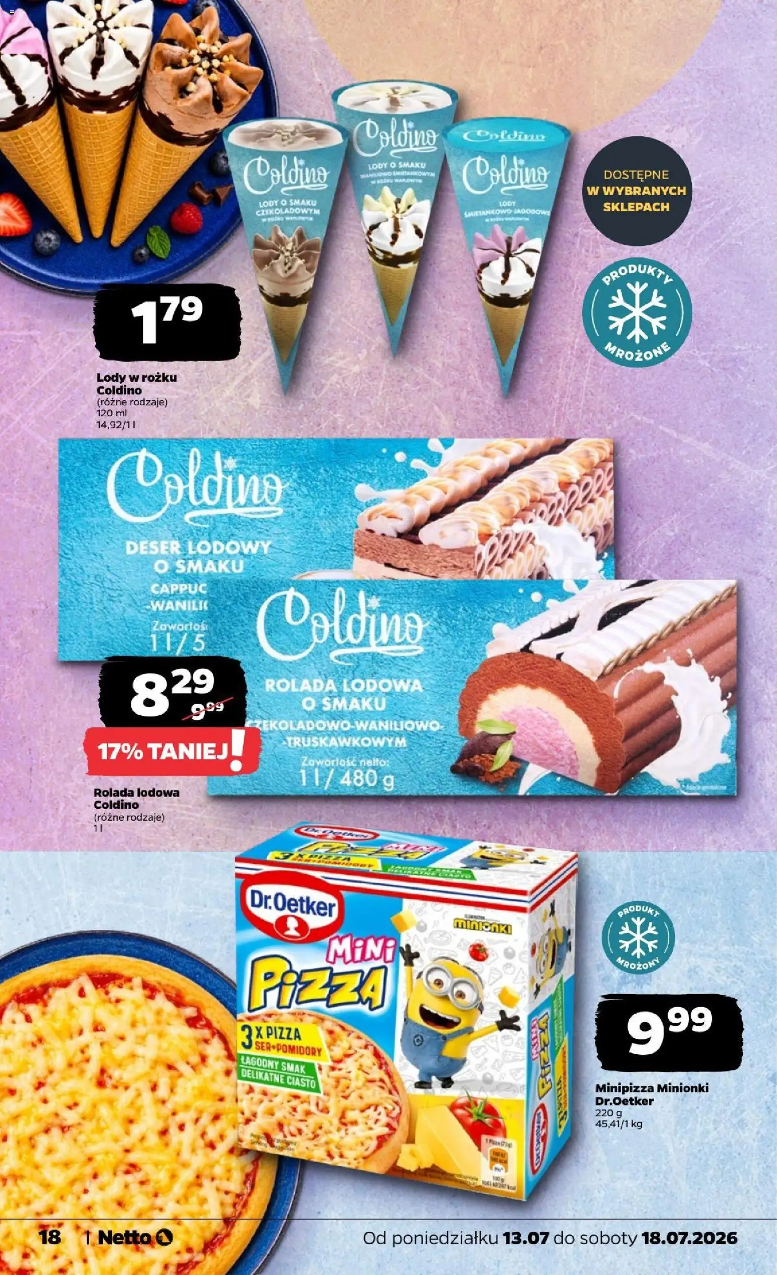Netto gazetka od poniedziałku od 13.07.2026 | Strona: 18 | Produkty: Mini pizza, Coldino lody, Pizza, Lody