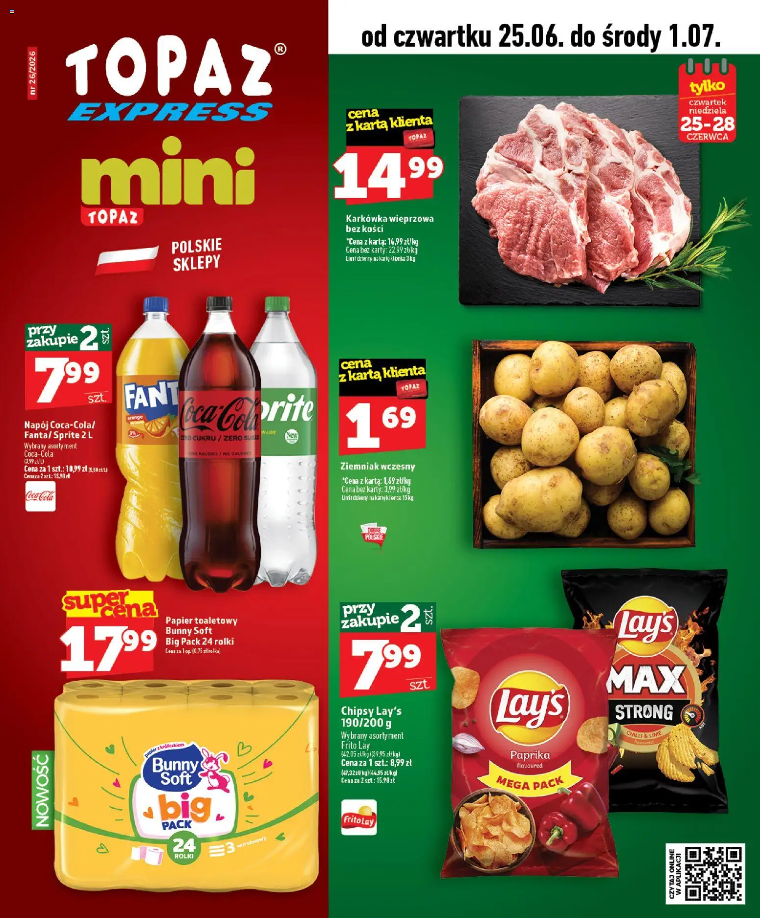 Topaz gazetka - Express od 25.06.2026 | Strona: 1 | Produkty: Chipsy, Papier toaletowy, Sprite, Coca cola