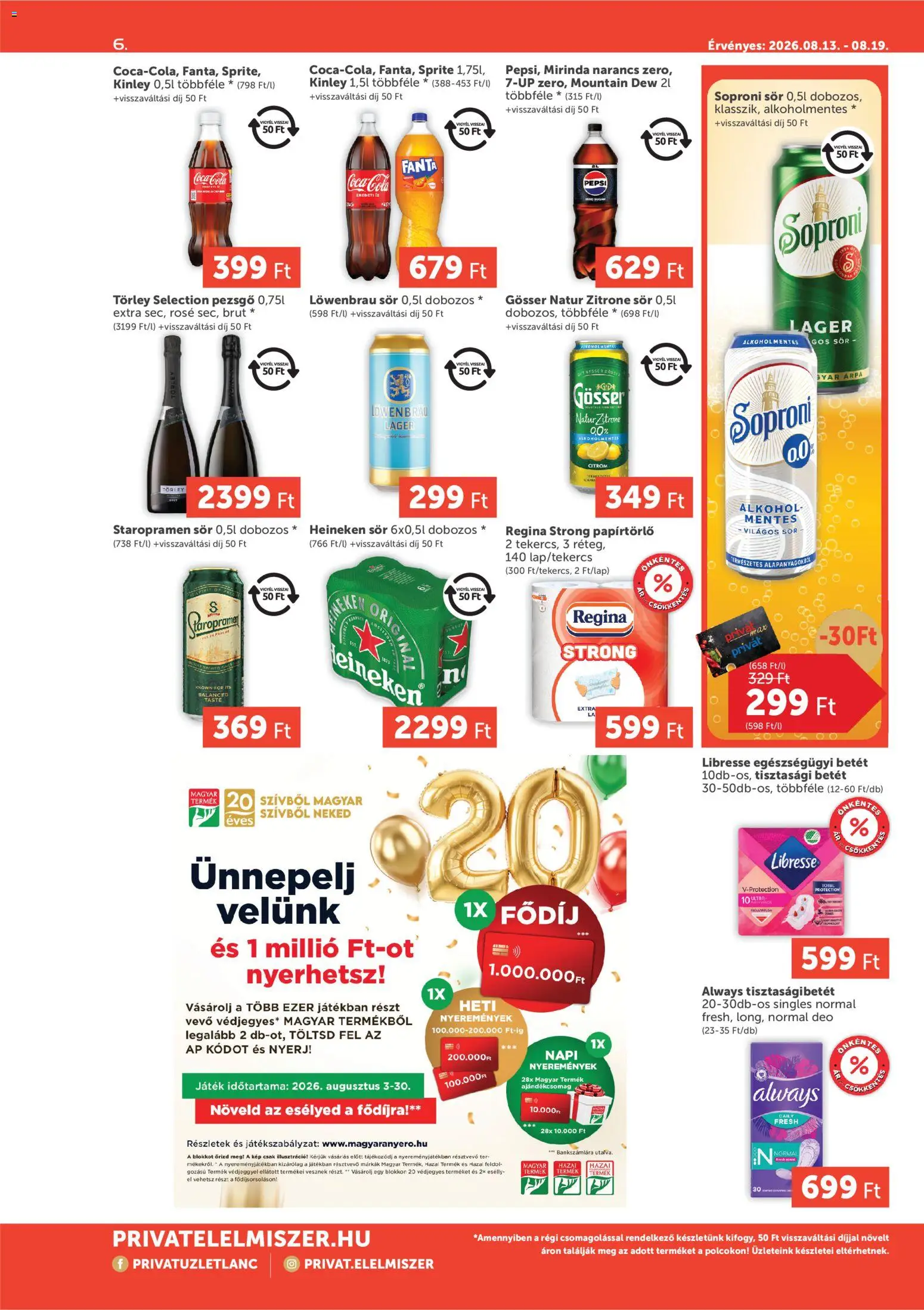 PRIVÁT akciós ujság - amely érvényes a következő dátumtól: 2026.08.13. | Oldal: 6 | Termékek: Kvasac, Pepsi, Játék, Coca Cola