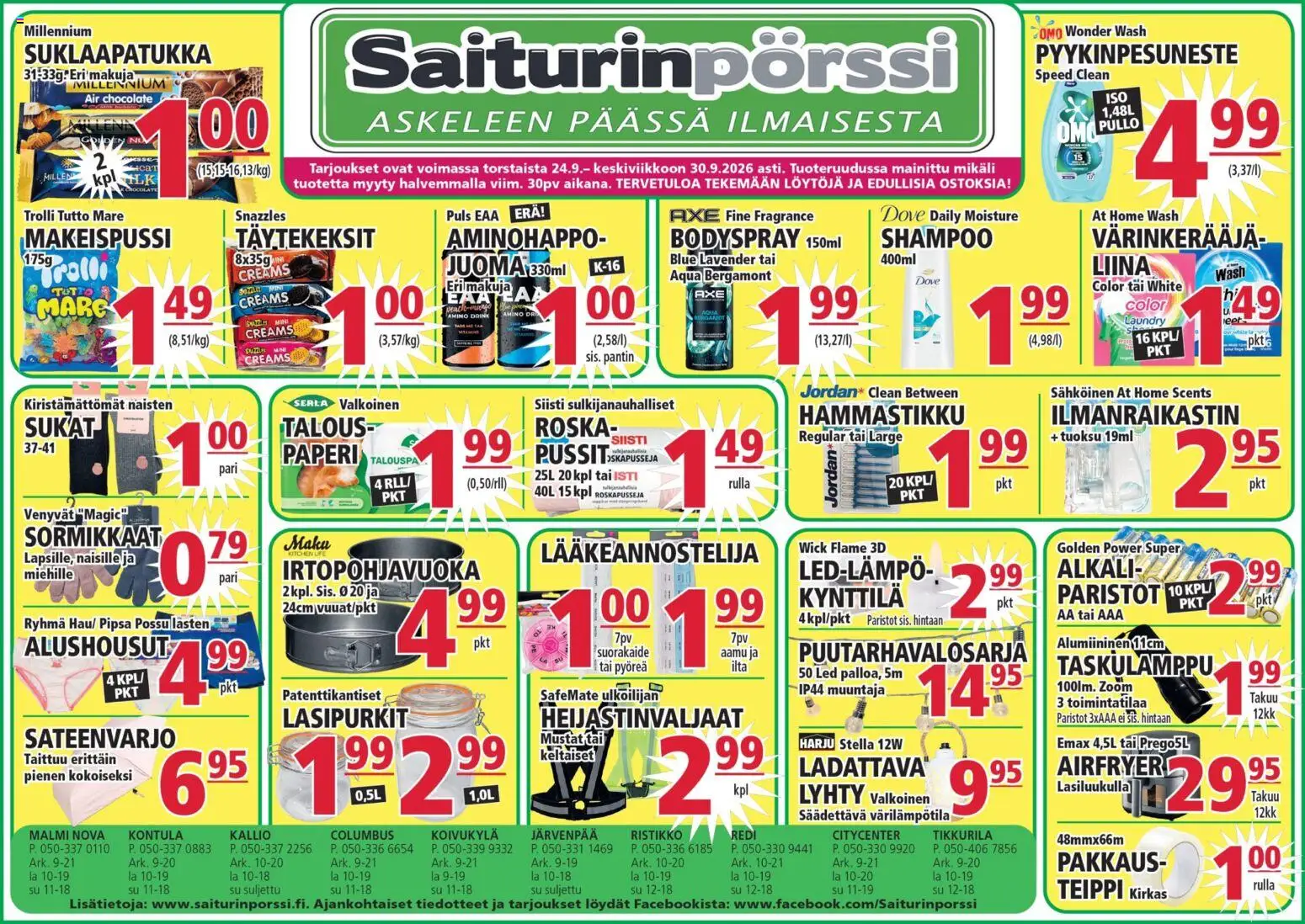 Saiturinpörssi tarjoukset – voimassa 24/09/2026 alkaen | Sivu: 1 | Tuotteet: Lyhty, Shampoo, Alushousut, Sateenvarjo