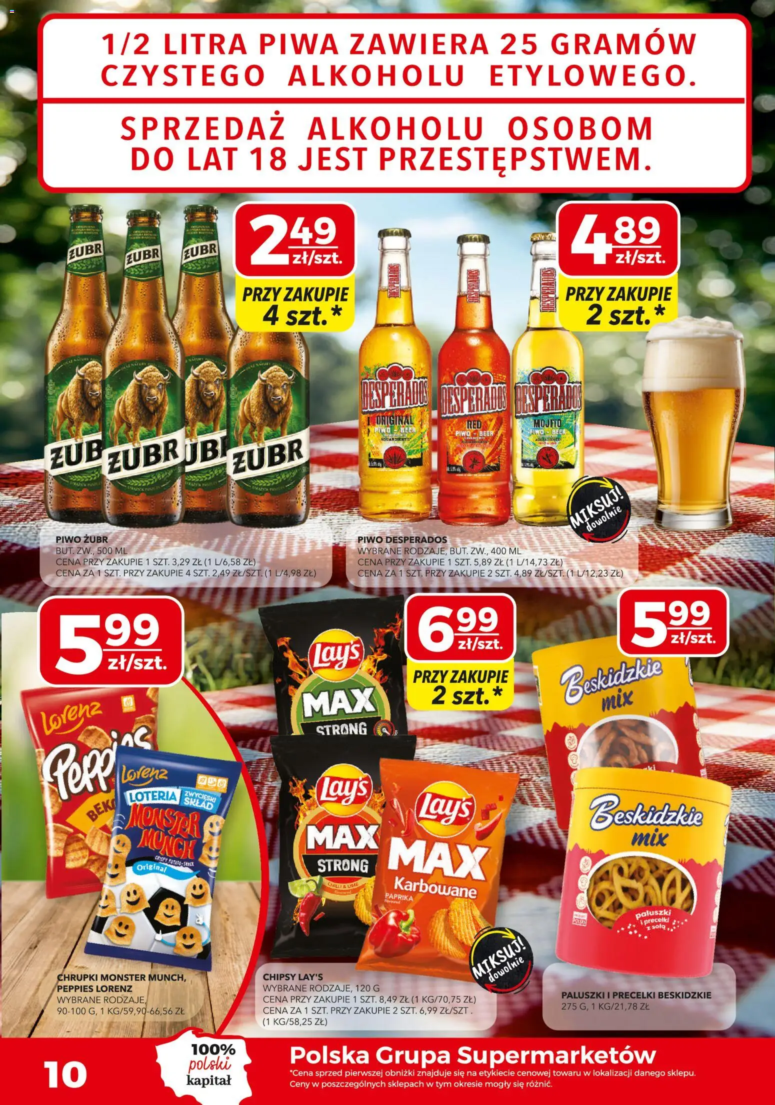 Top Market gazetka od 18.06.2026 | Strona: 10 | Produkty: Piwo żubr, Chipsy, Paluszki, Piwo