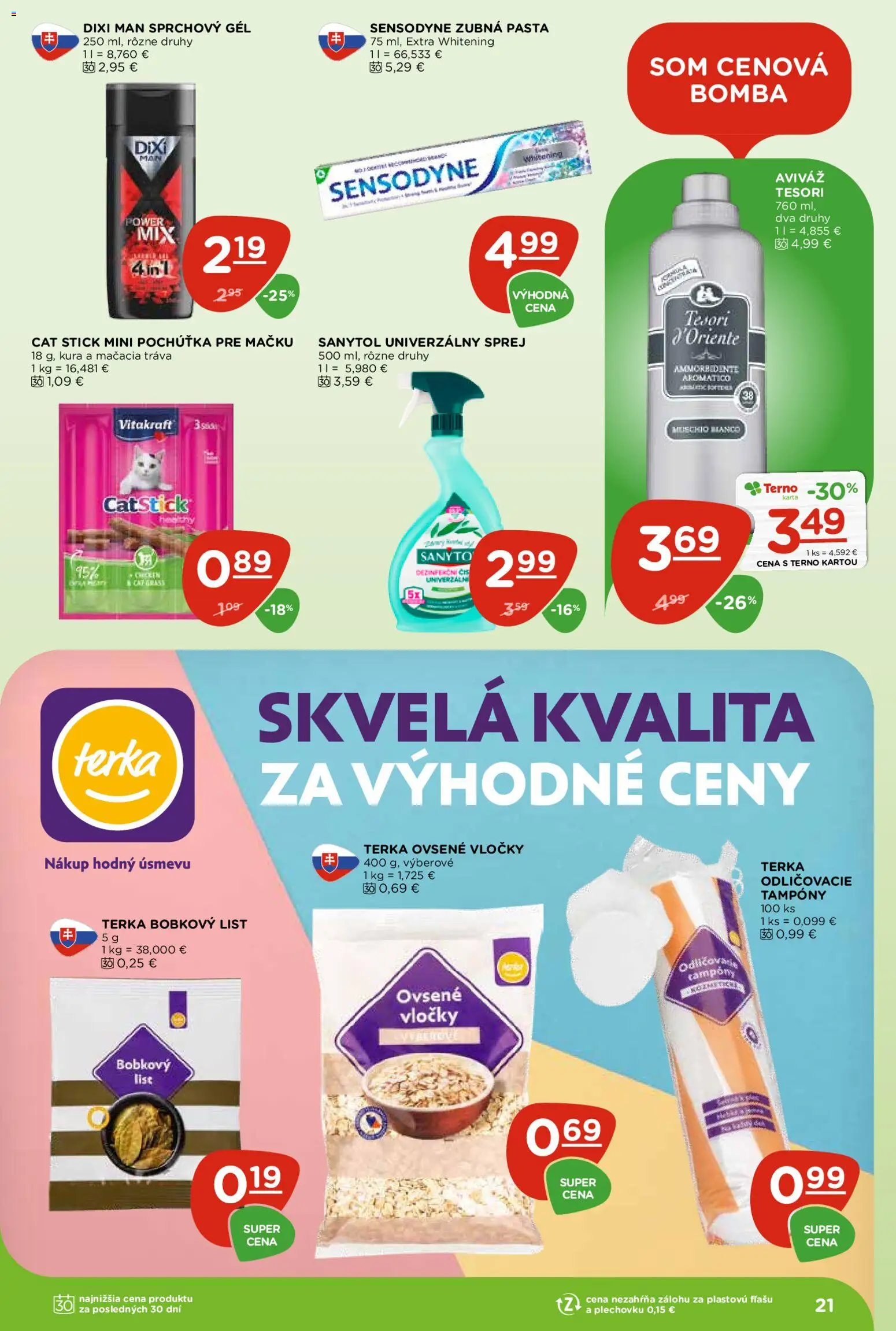 Nové Terno akcie – leták je platný od 28.05.2026 | Strana: 21 | Produkty: Sanytol, Sprchový gél, Zubná pasta, Aviváž