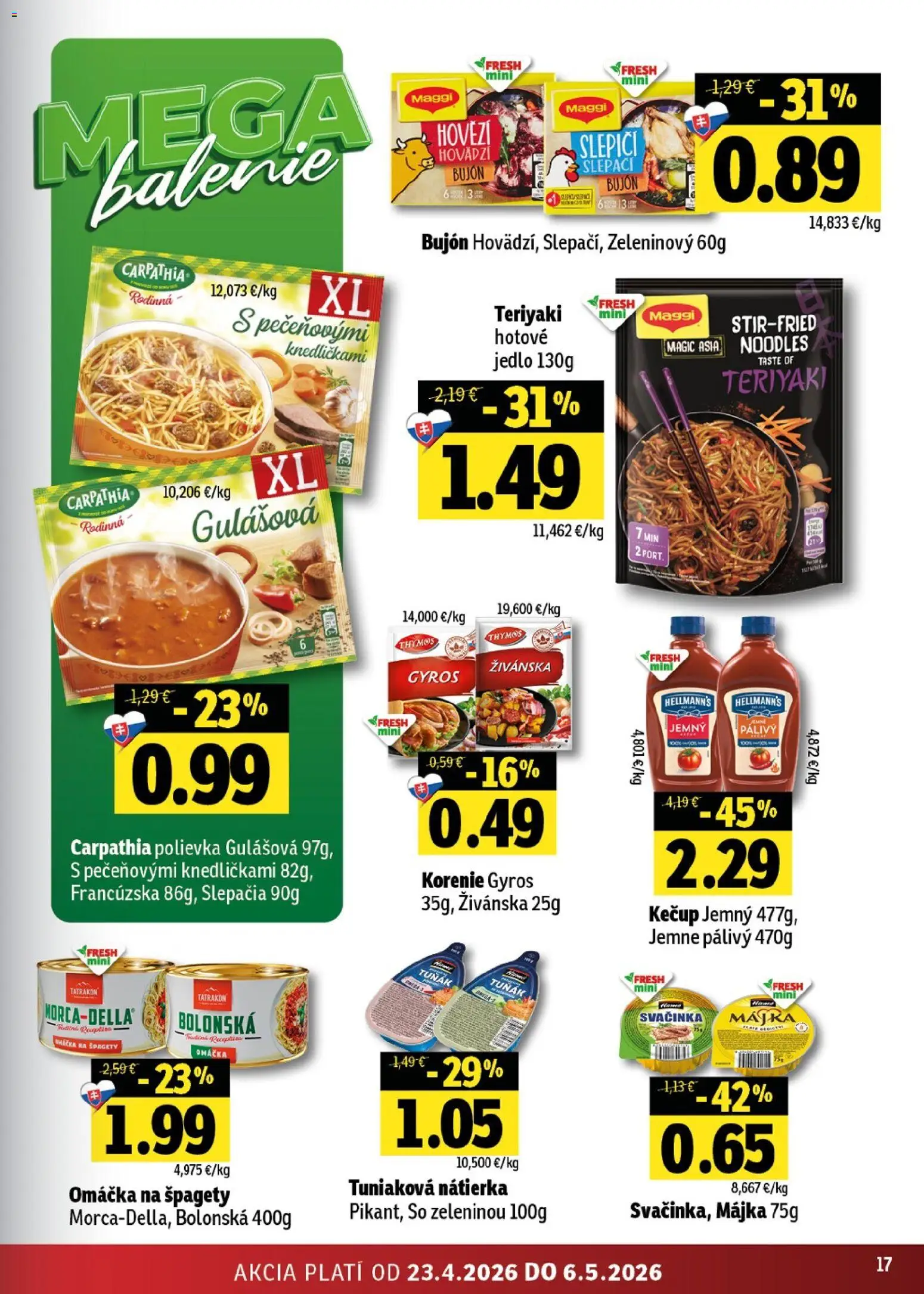 Nové Fresh akcie – leták je platný od 23.04.2026 | Strana: 17 | Produkty: Bujón, Kečup, Omáčka, Špagety