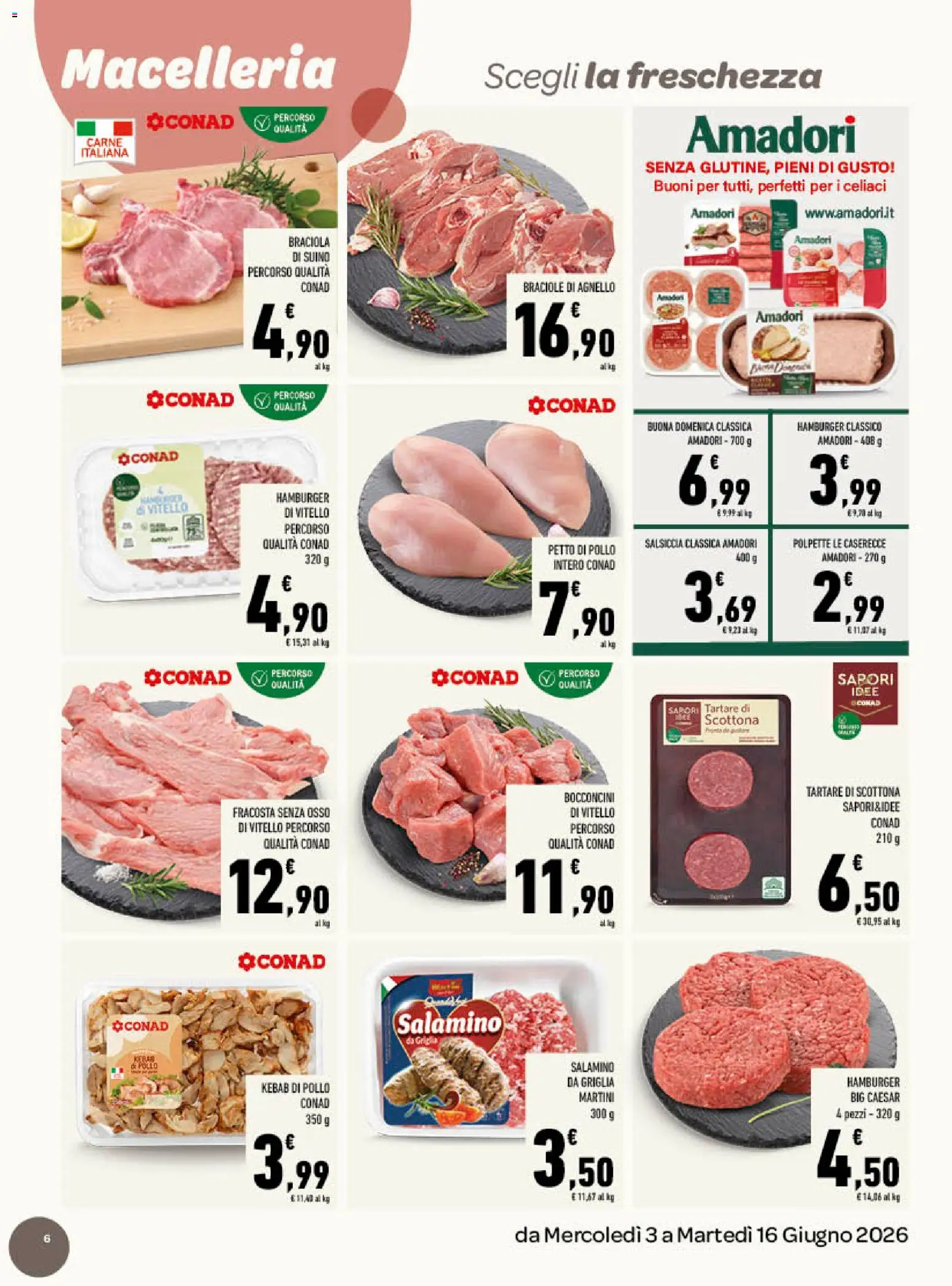Volantino Conad del 03.06.2026 | Pagina: 6 | Prodotti: Salsiccia, Agnello, Hamburger, Polpette