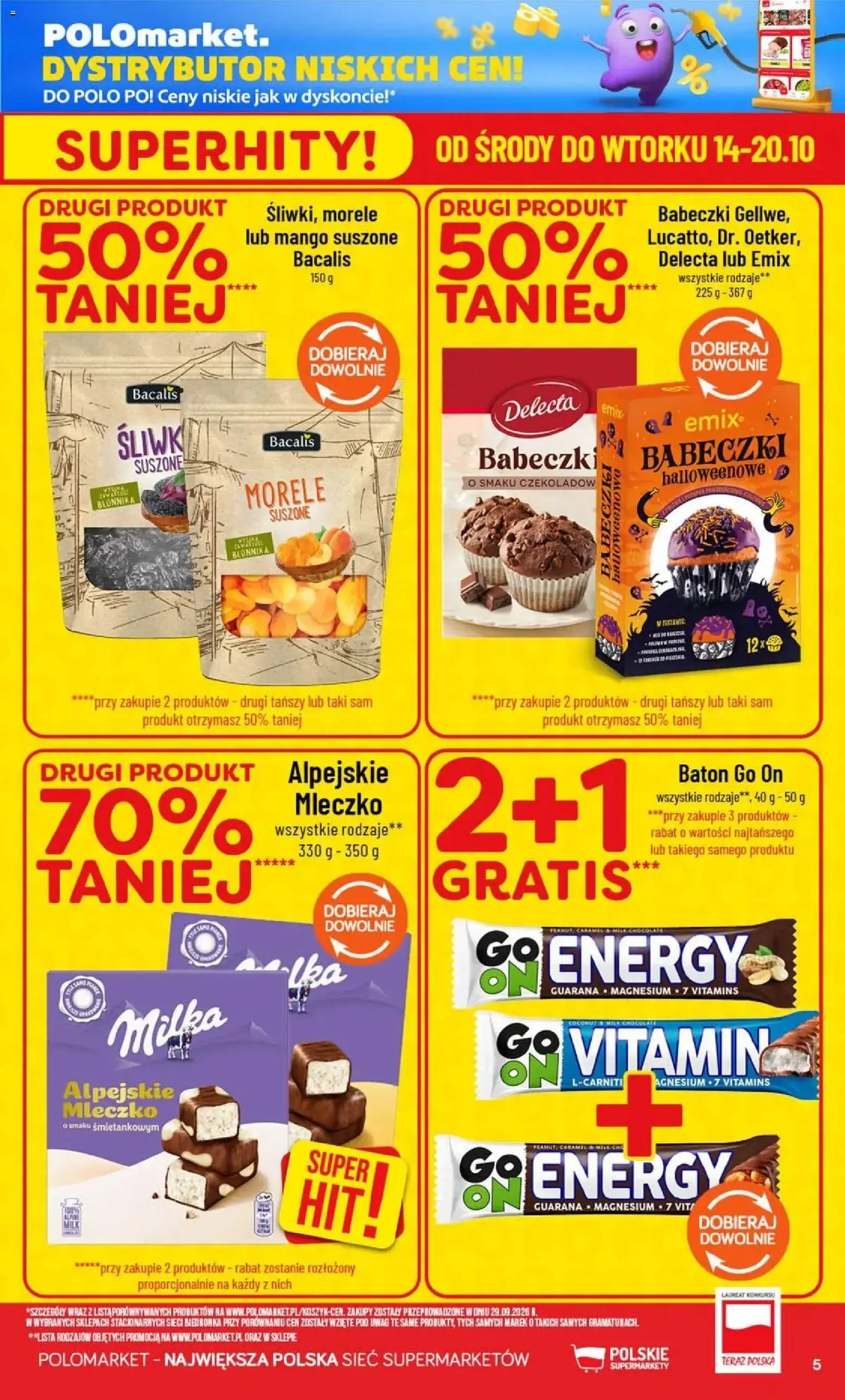 Nowa POLOmarket gazetka od jutra 14.10.2026 | Strona: 5 | Produkty: Mango, Morele, Baton, Babeczki